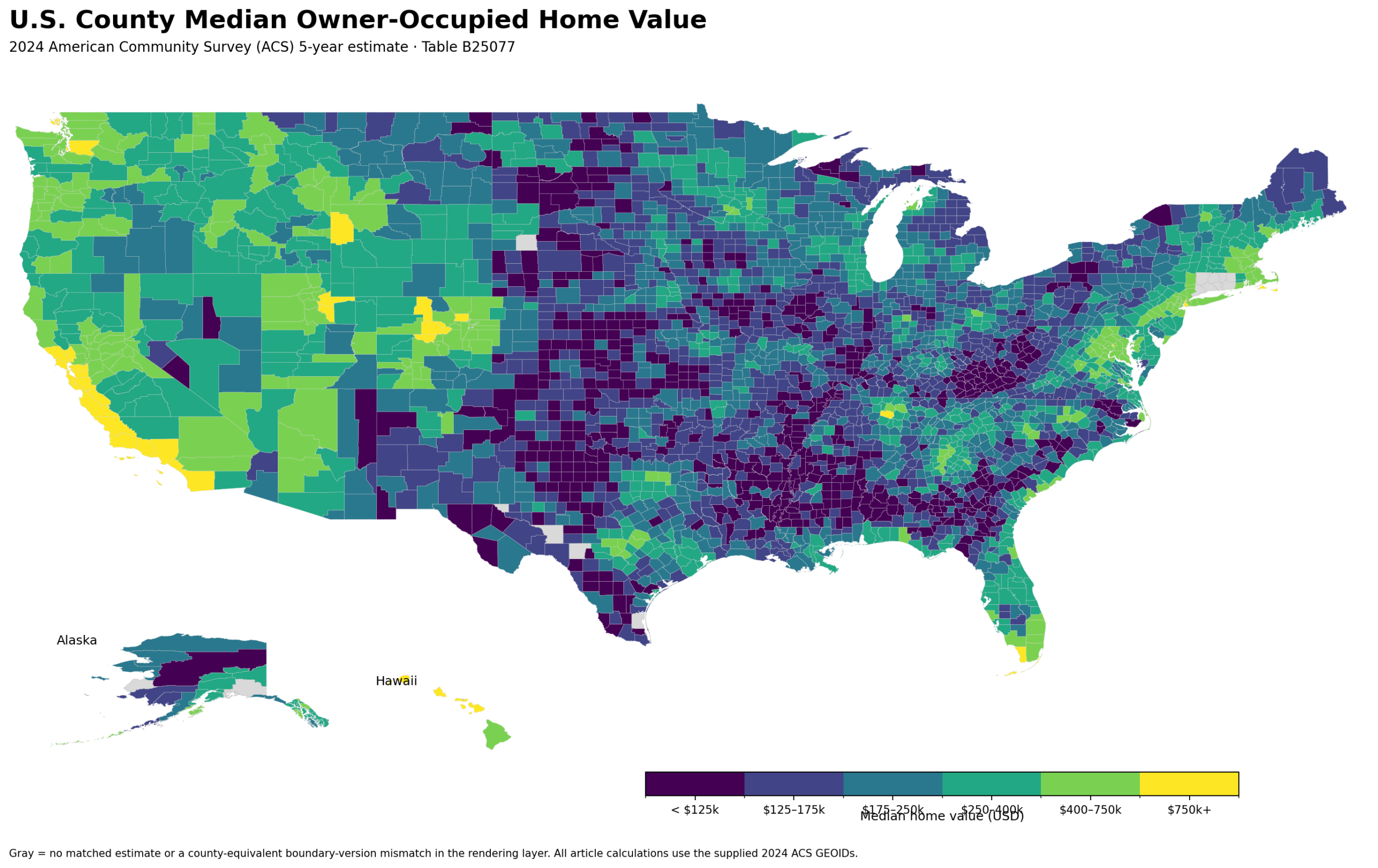 2024 ACS U.S. county median owner-occupied home value map