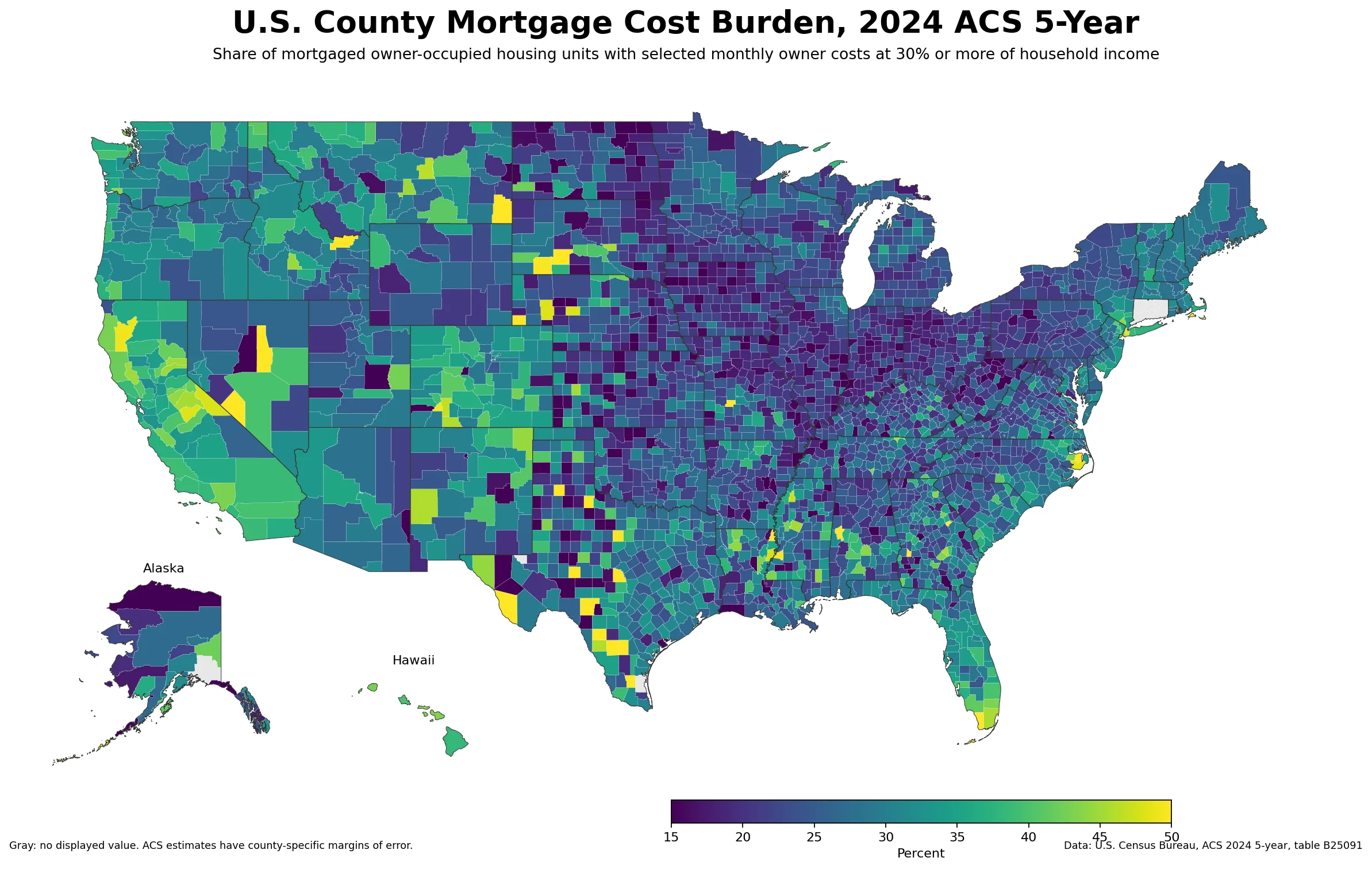 U.S. county mortgage cost burden map based on 2024 ACS 5-year estimates