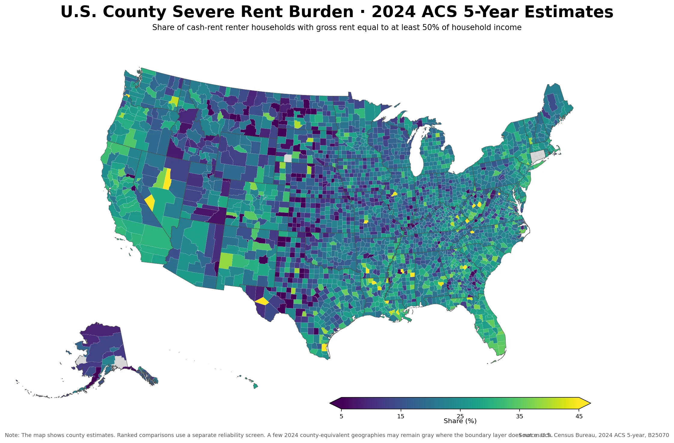 U.S. county severe rent burden map using 2024 ACS 5-year estimates