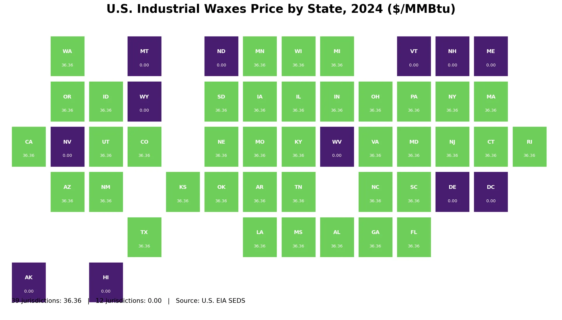 Mapa de teselas del precio industrial de las ceras por estado en 2024