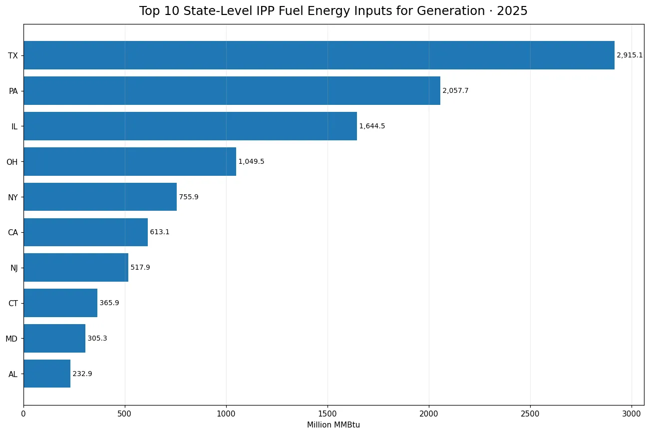 Top 10 state-level IPP fuel energy inputs for electricity generation in 2025