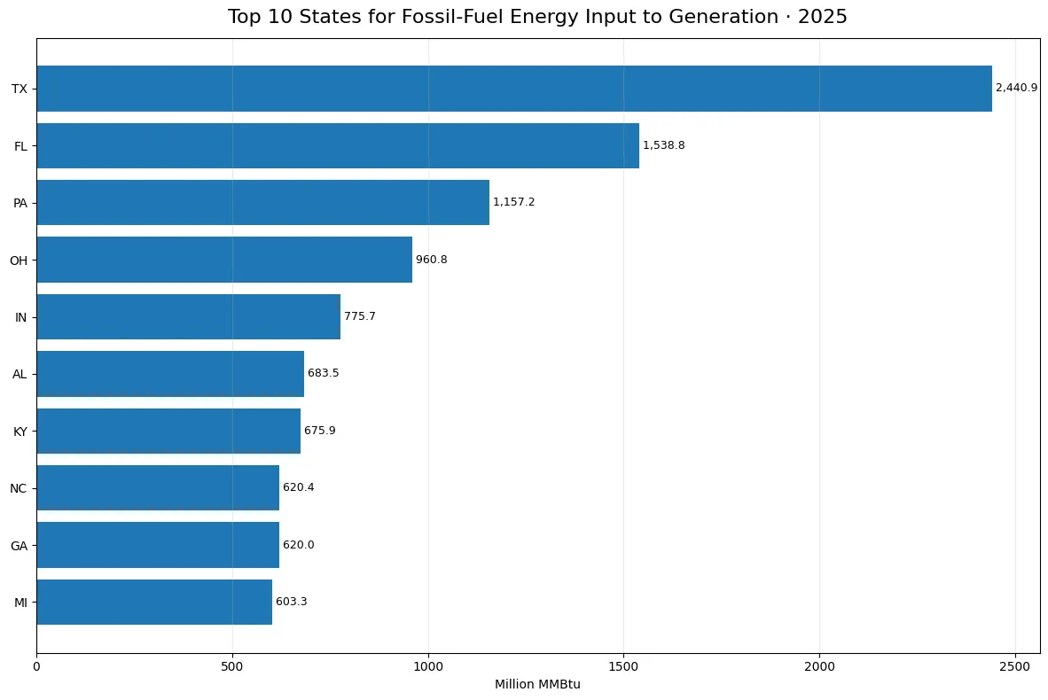 Top 10 states for fossil-fuel energy input to non-CHP electricity generation in 2025