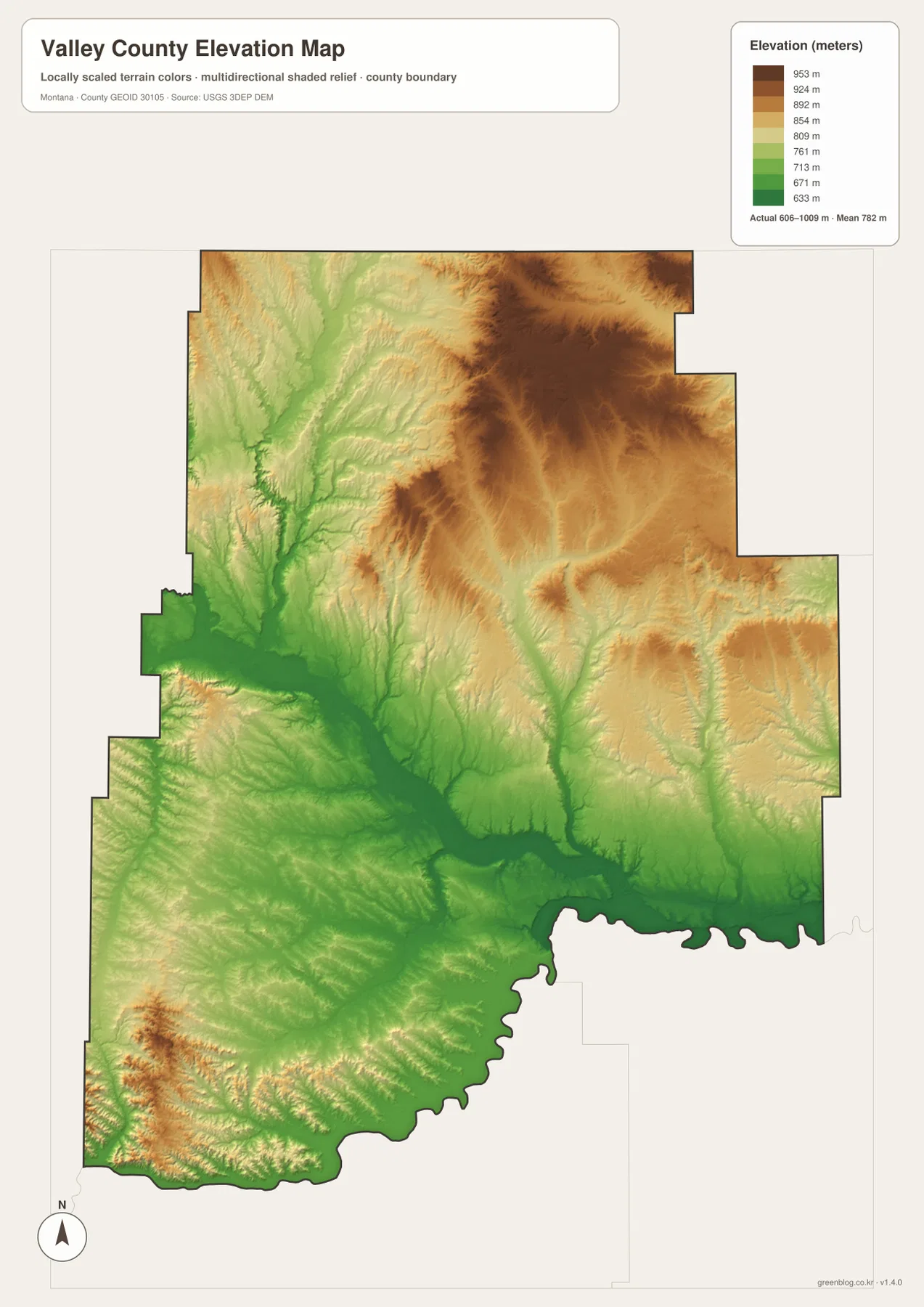 Valley County elevation map showing lower Milk and Missouri river valleys and higher northern uplands