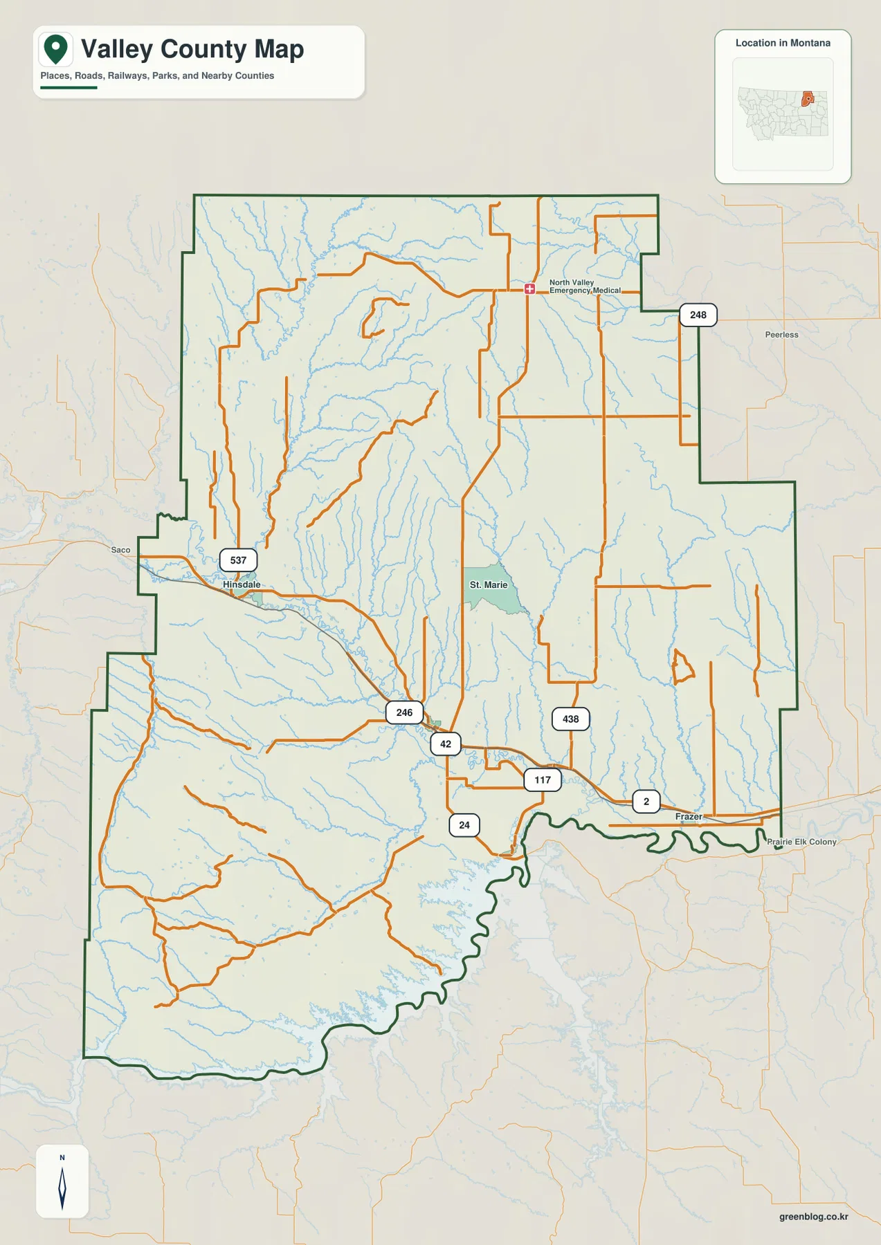 Valley County Montana map showing Glasgow, U.S. 2, numbered roads, communities, and county boundaries
