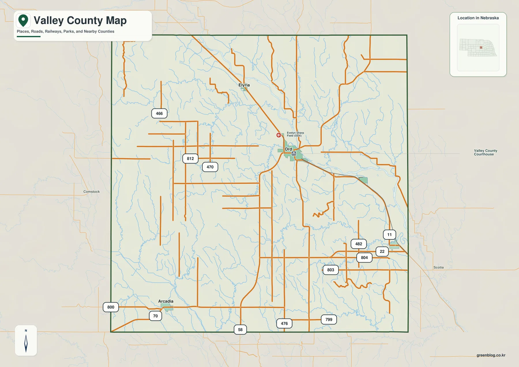 Ord, Elyria, Arcadia, North Loup과 주요 도로를 표시한 Valley County Nebraska 지도
