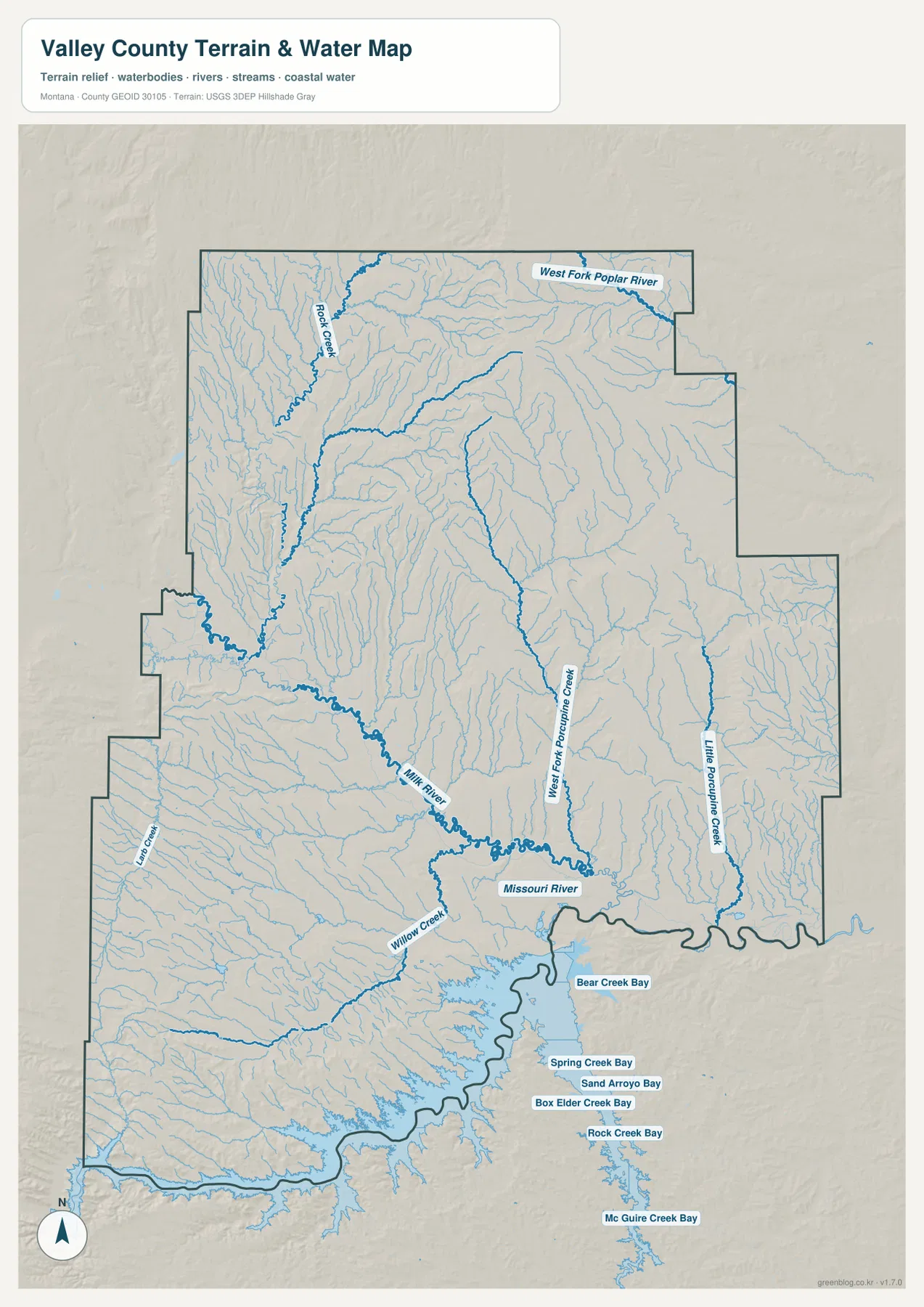Valley County water and terrain map showing the Milk River, Missouri River, West Fork Poplar River, and Fort Peck Lake bays