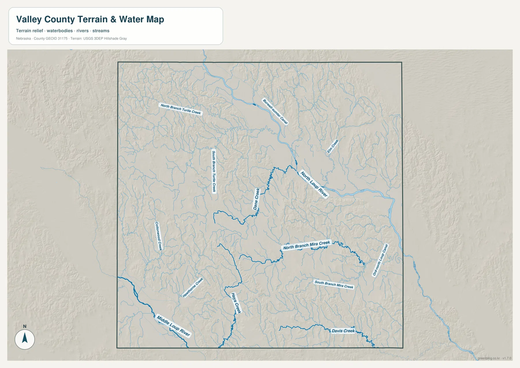North Loup River, Middle Loup River, Dane Creek, Mira Creek, Davis Creek를 표시한 Valley County 물길 지도