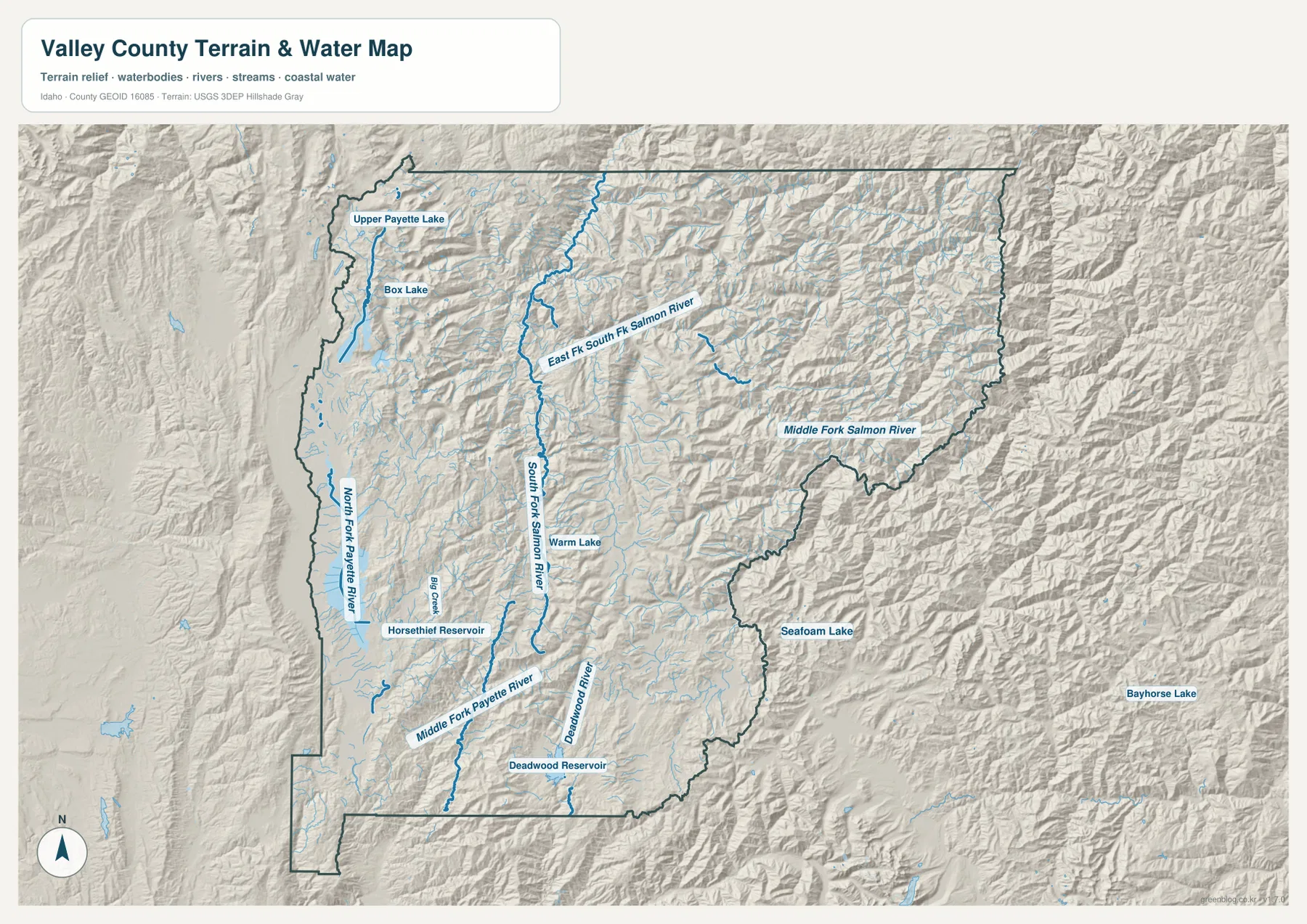 North Fork Payette River, Middle Fork Payette River, South Fork Salmon River, Middle Fork Salmon River, Warm Lake와 Deadwood Reservoir를 보여 주는 밸리 카운티 수역 지형 지도