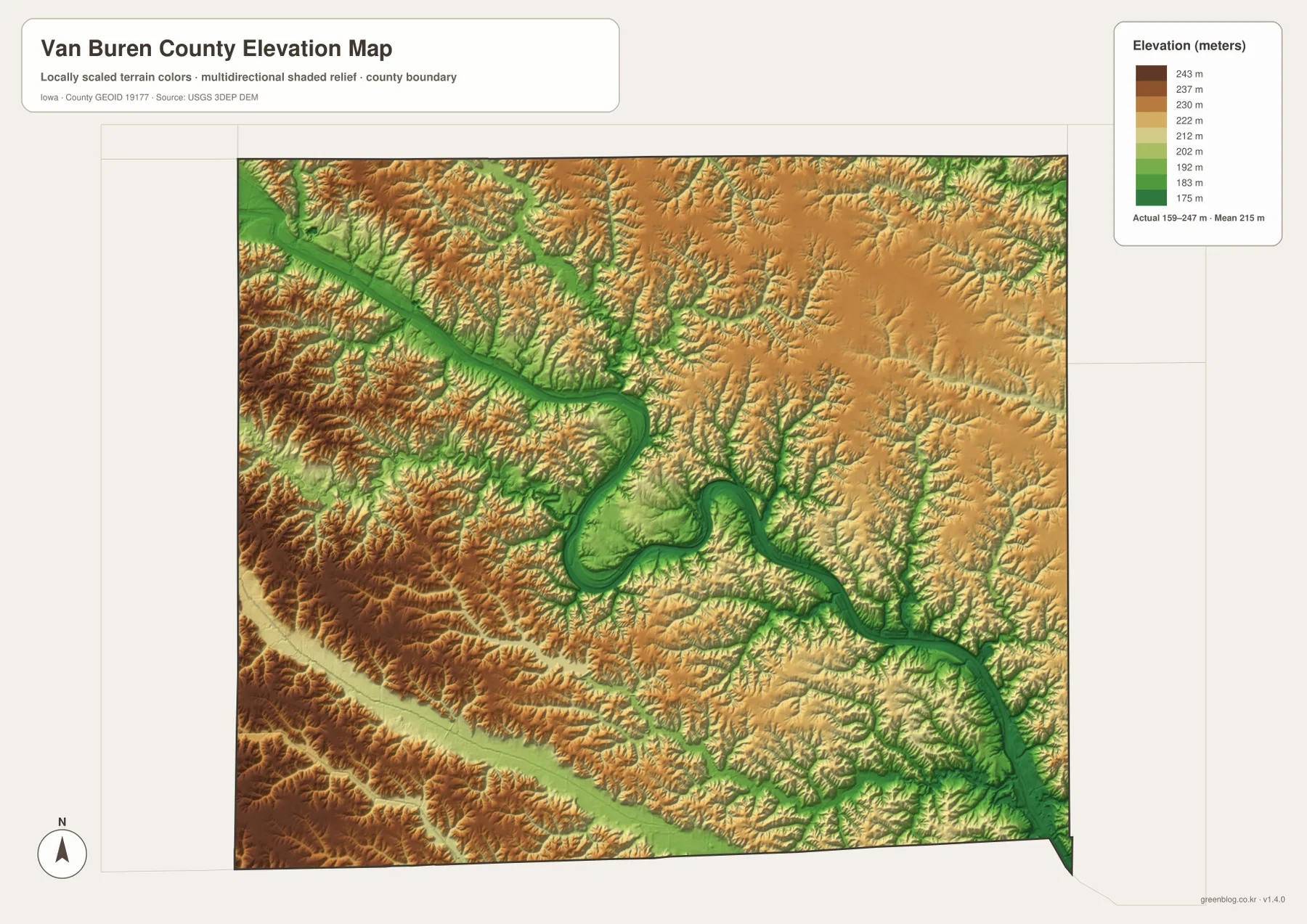 Van Buren County Iowa elevation map showing terrain from about 159 to 247 meters around the Des Moines River valley