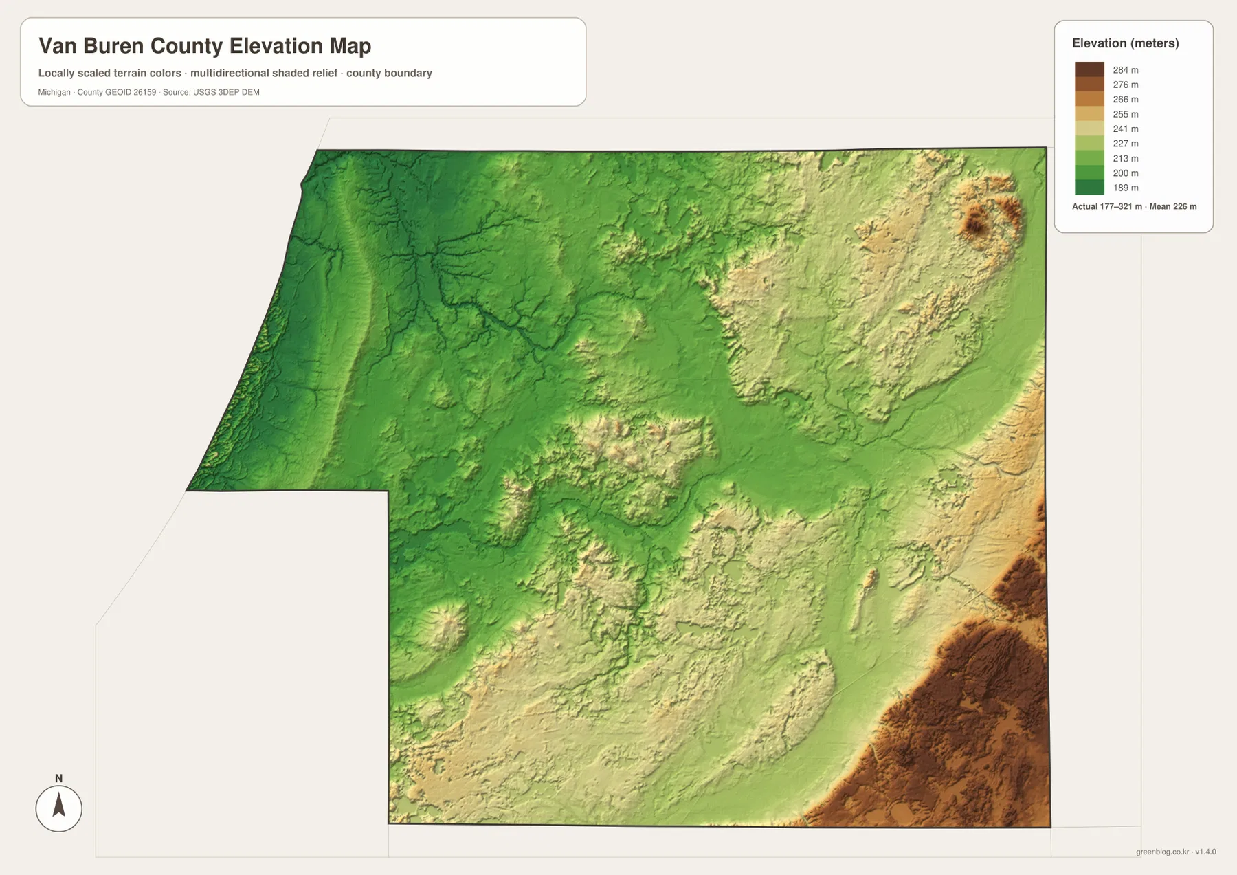 Van Buren County elevation map showing the 177–321 meter range, low Lake Michigan side, and higher eastern and southeastern terrain