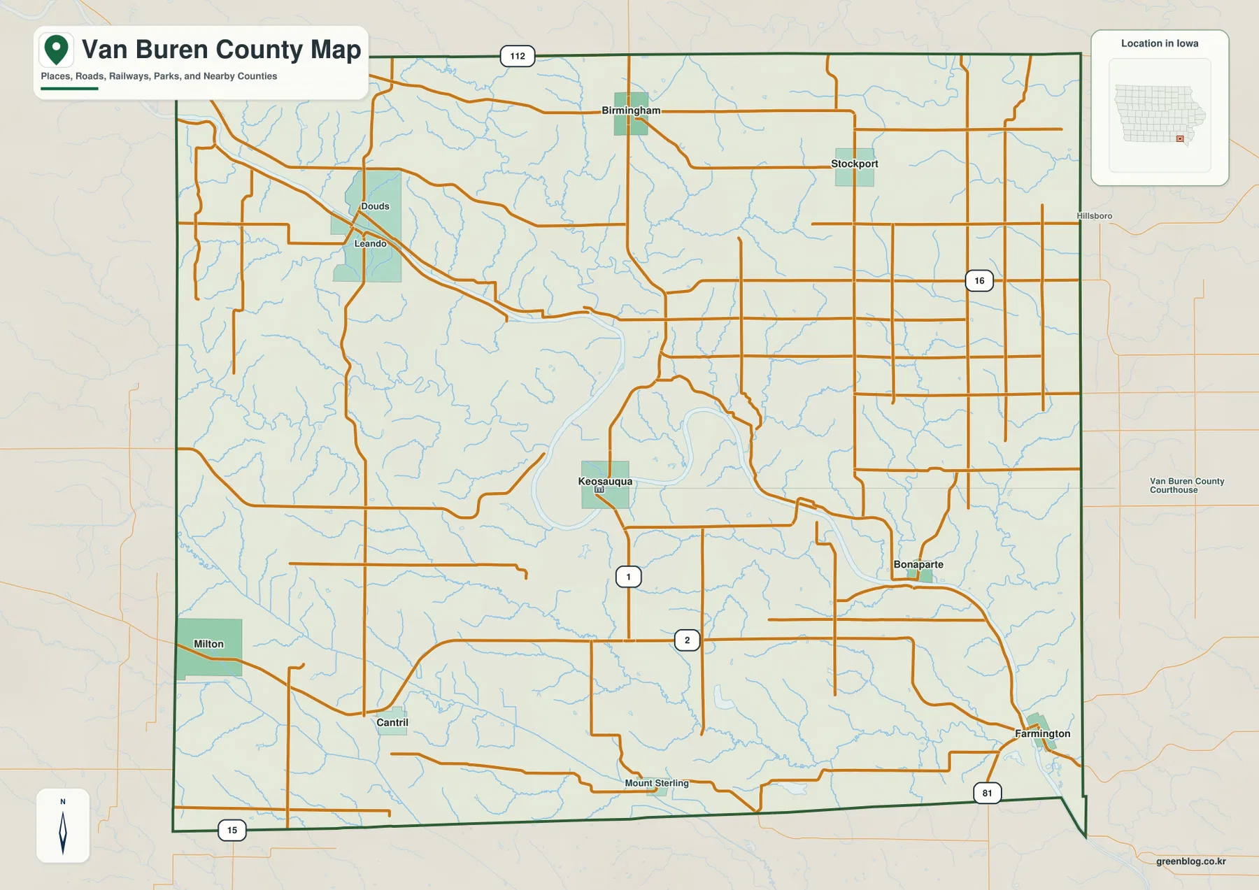Van Buren County Iowa reference map showing Keosauqua, Bonaparte, Farmington, the Des Moines River, and numbered highways