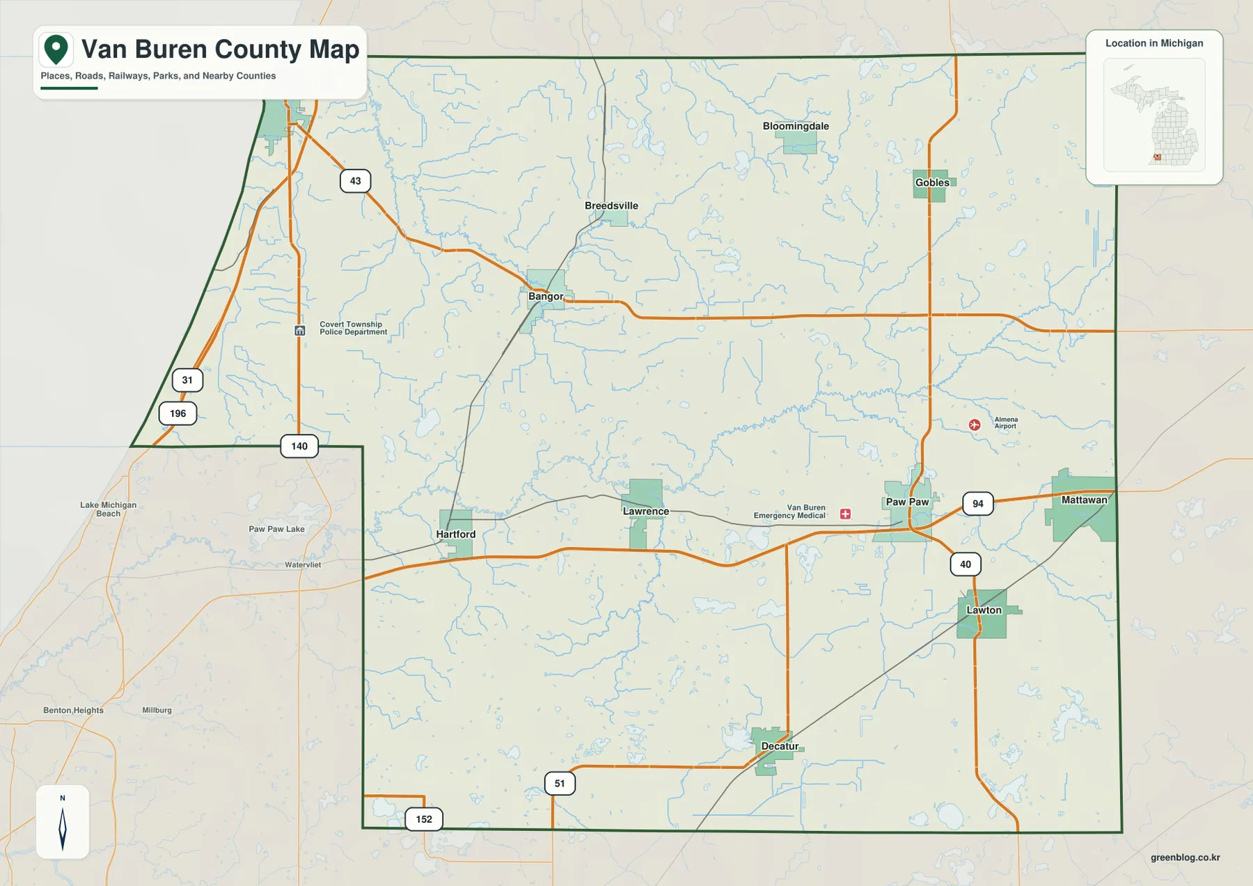 Van Buren County Michigan map showing South Haven, Bangor, Paw Paw, Mattawan, Lawton, I-94, M-43, and major roads