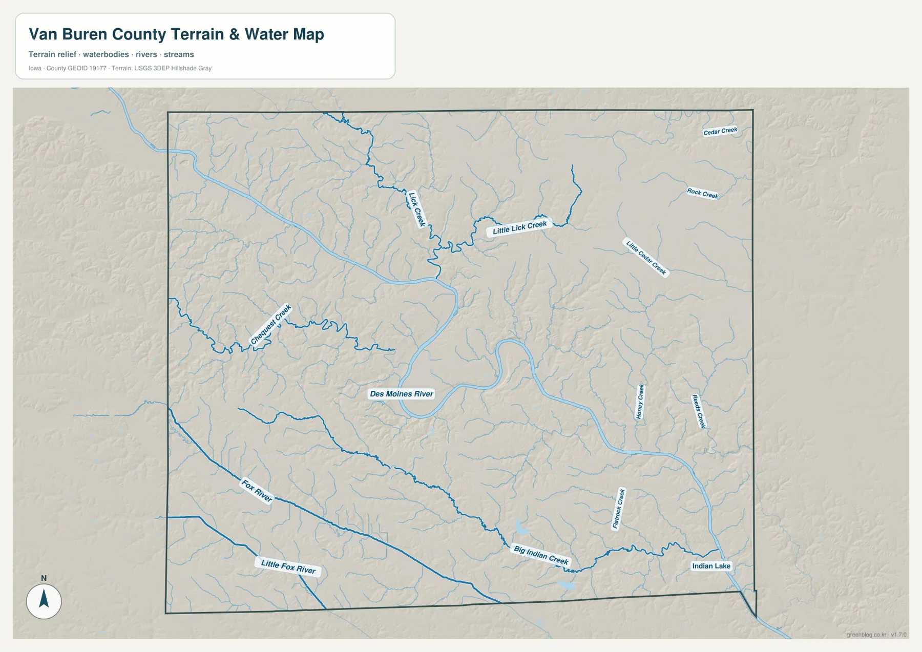 Van Buren County water and terrain map with the Des Moines River, Lick Creek, Chequest Creek, Fox River, Big Indian Creek, and Indian Lake