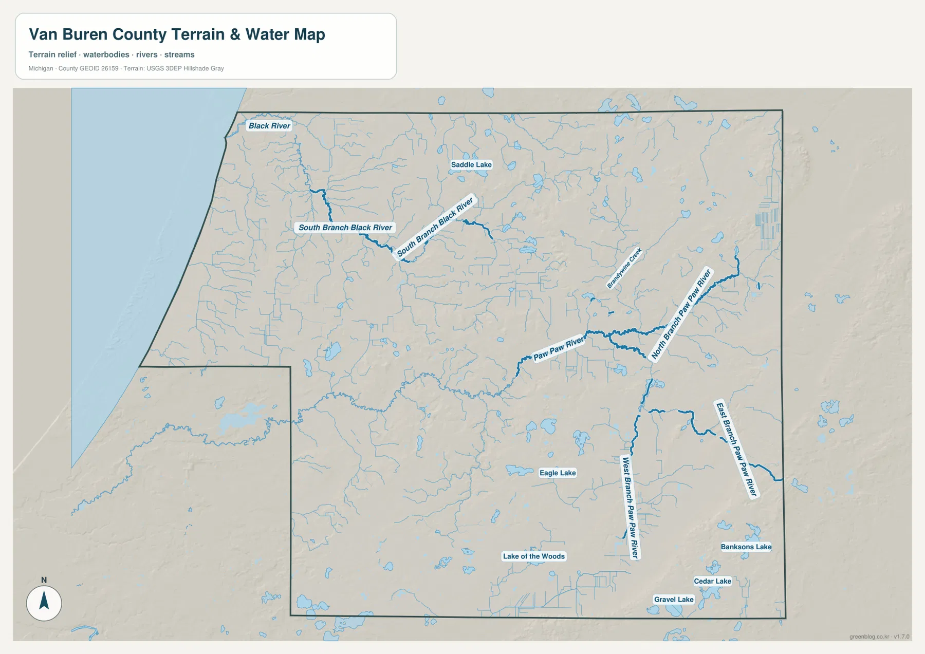 Van Buren County water map showing the Paw Paw River branches, Black River, Saddle Lake, Eagle Lake, and southeastern lakes