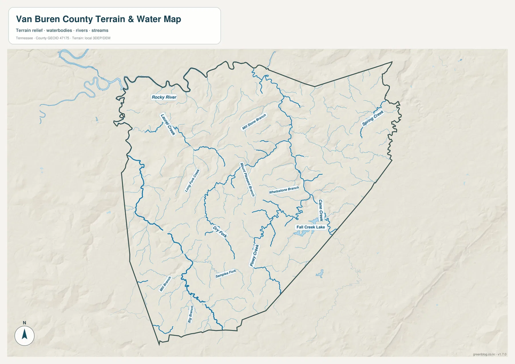 밴뷰런 카운티 수역 지도 - Rocky River, Laurel Creek, Spring Creek, Cane Creek, Piney Creek와 Fall Creek Lake