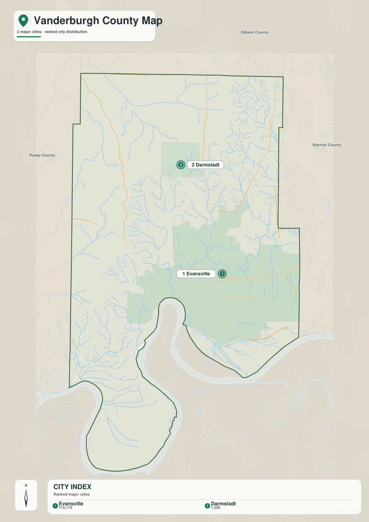 Vanderburgh County city map highlighting Evansville and Darmstadt
