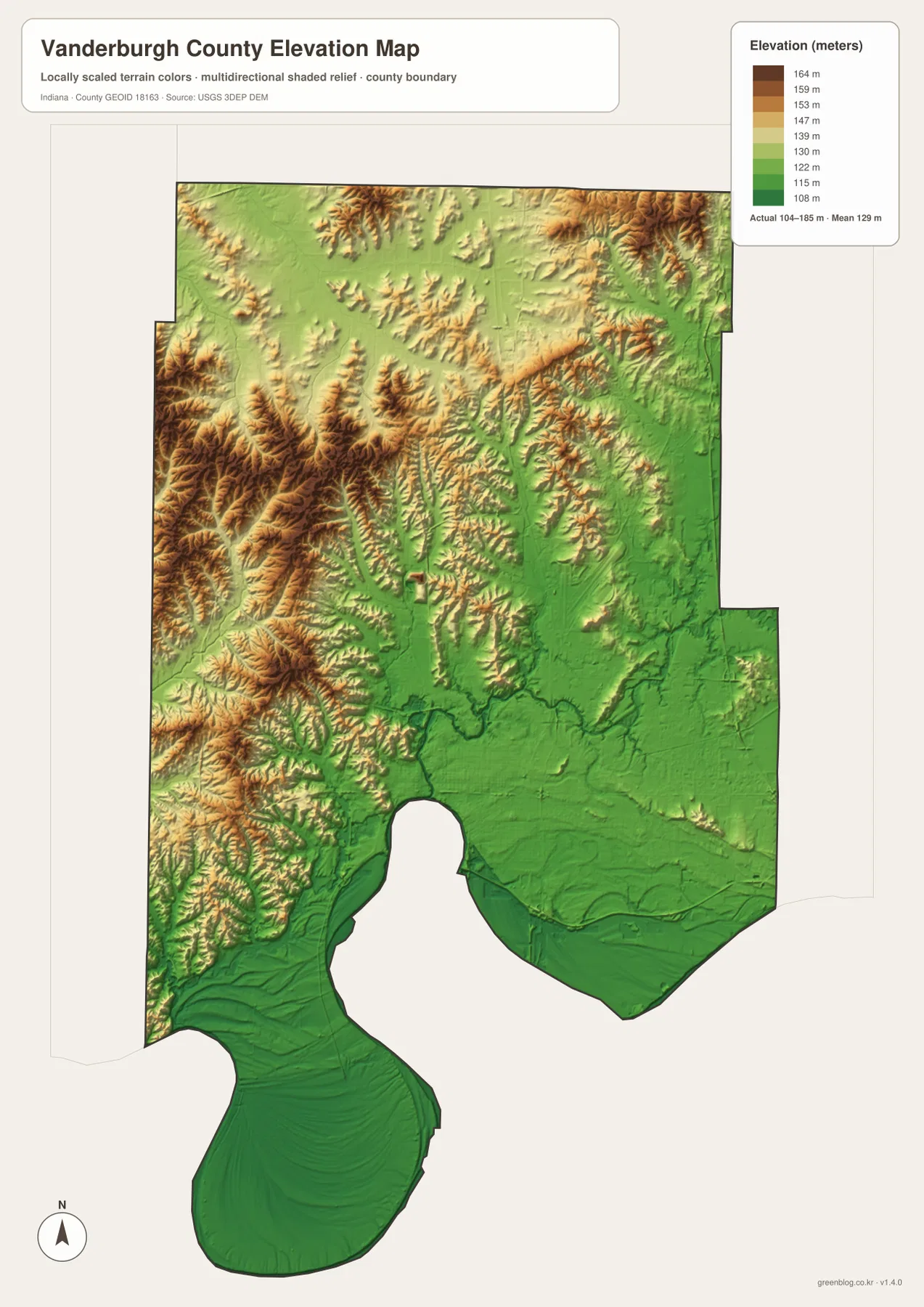 Vanderburgh County elevation map showing low green terrain near Evansville and the Ohio River, with higher brown hills in the west, northwest, and northeast