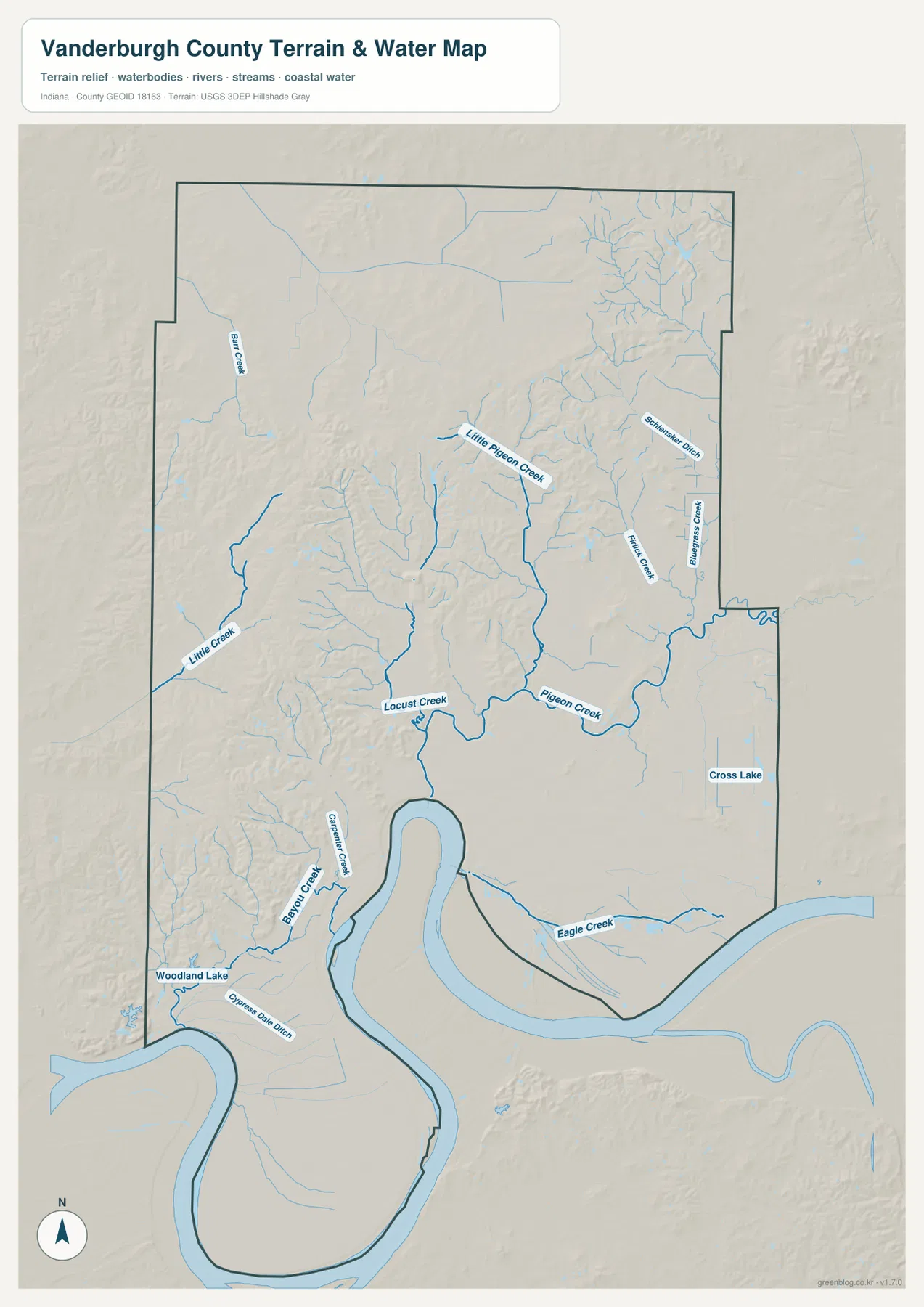 Vanderburgh County water map showing Pigeon Creek, Little Pigeon Creek, Locust Creek, Little Creek, Eagle Creek, Cross Lake, and other channels