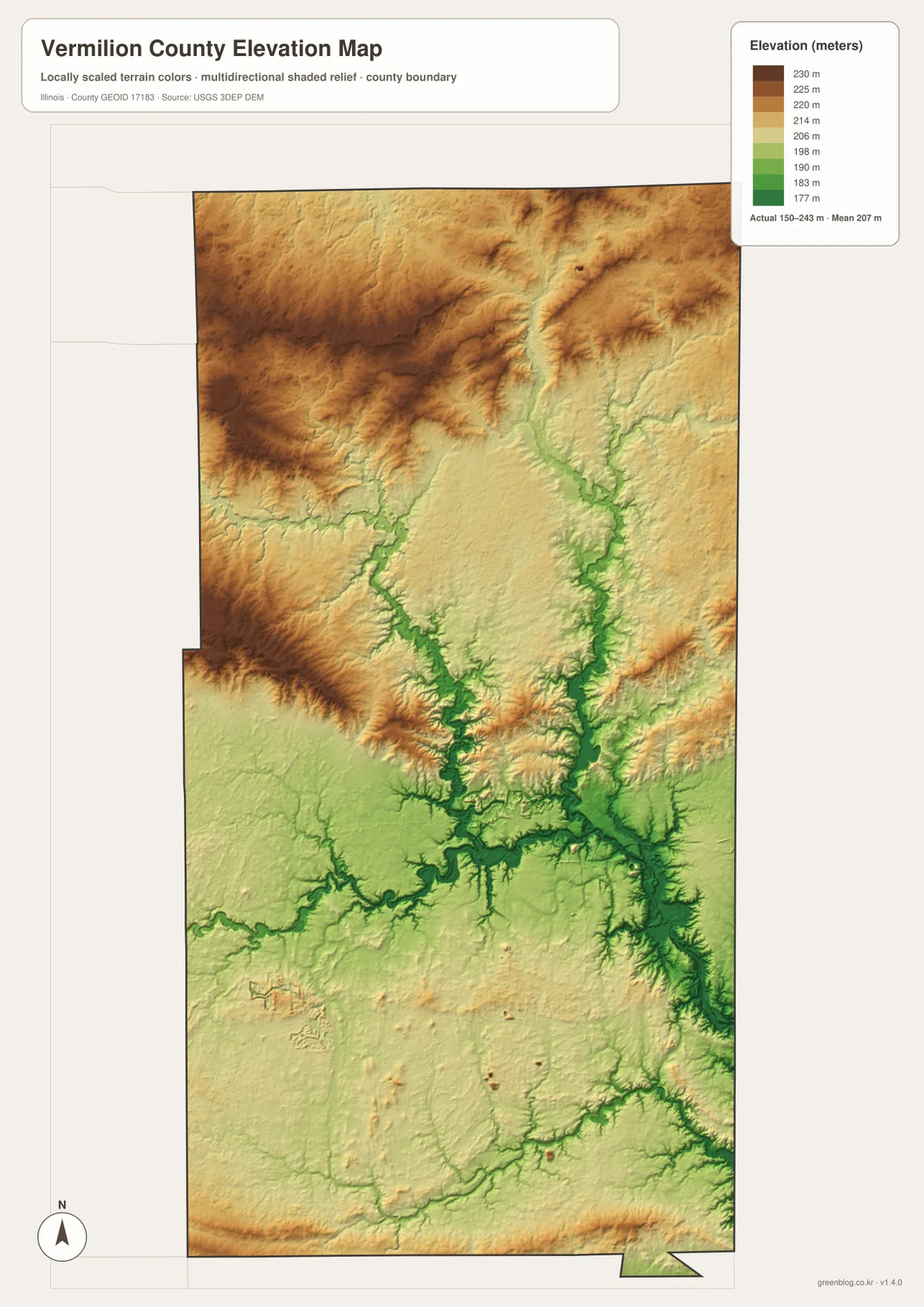 Vermilion County elevation map showing an actual range of about 150 to 243 meters, a mean near 207 meters, Vermilion River lowlands, and high northern hills