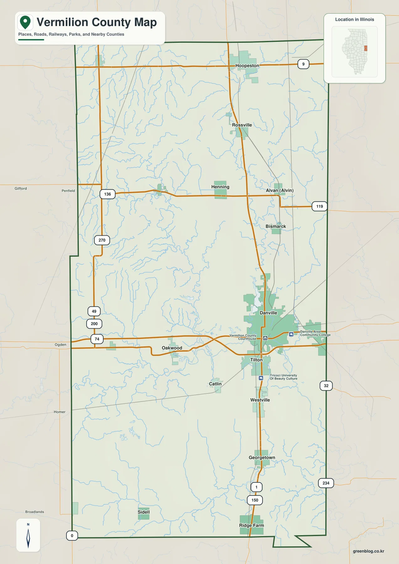 Vermilion County map showing Danville, Hoopeston, Rossville, Henning, Alvin, Bismarck, Oakwood, Tilton, Westville, Georgetown, and major roads
