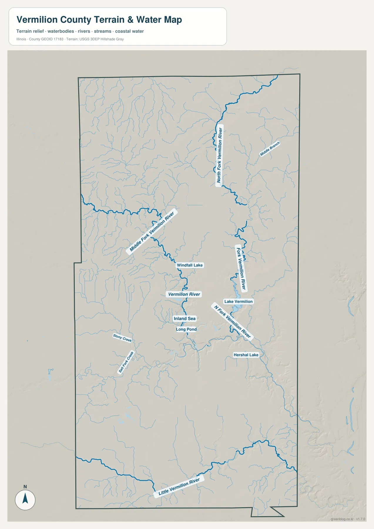 Vermilion County terrain and water map showing North Fork Vermilion River, Middle Fork Vermilion River, Vermilion River, Lake Vermilion, Windfall Lake, and Little Vermilion River