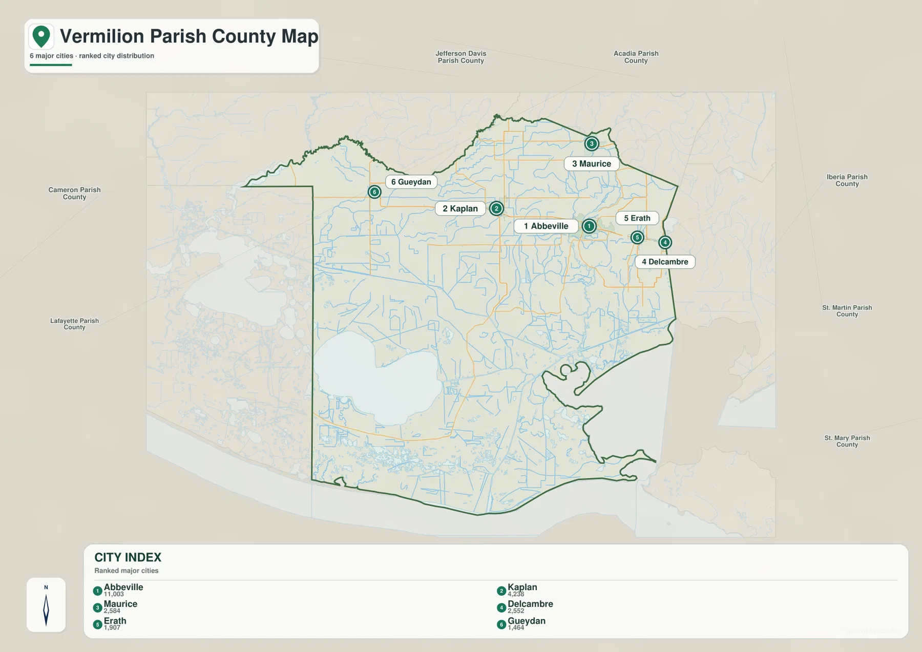 Vermilion Parish ranked city map showing Abbeville, Kaplan, Maurice, Delcambre, Erath, and Gueydan