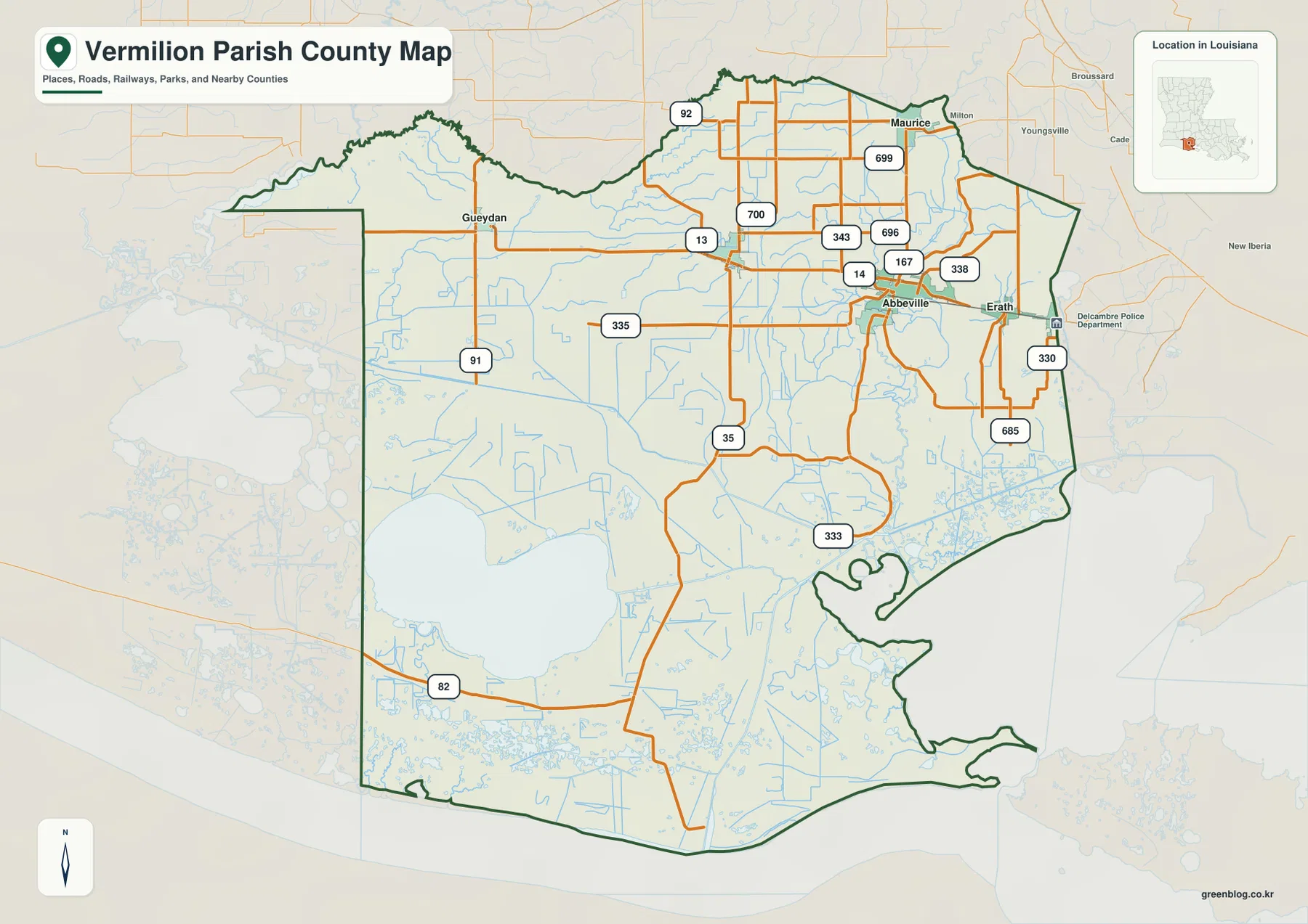 Vermilion Parish map showing Abbeville, Kaplan, Maurice, Erath, Delcambre, Gueydan, LA 14, U.S. 167, LA 13, and LA 35