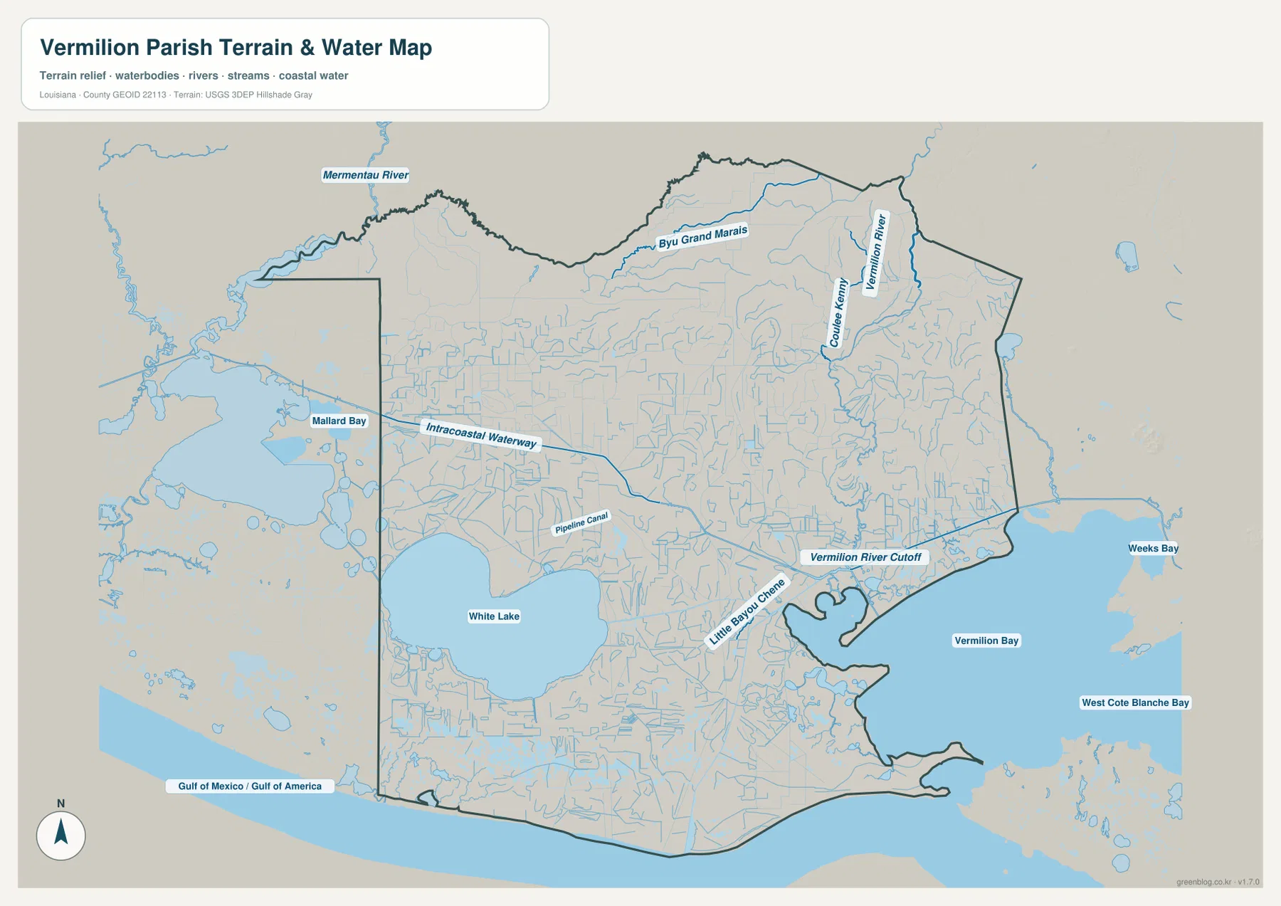 Vermilion Parish water map showing Vermilion River, Bayou Grand Marais, Intracoastal Waterway, White Lake, Vermilion River Cutoff, Little Bayou Chene, and Vermilion Bay