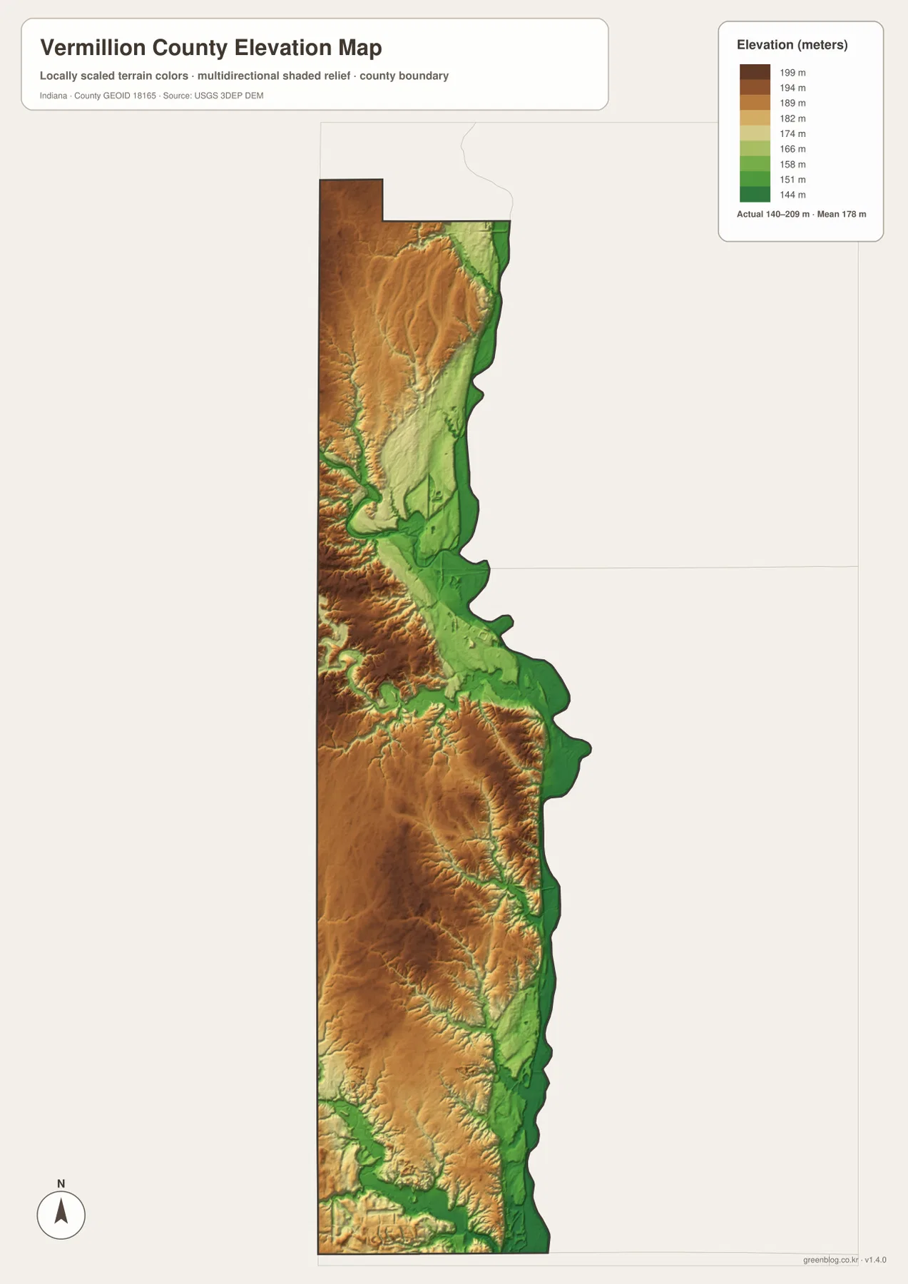 Vermillion County elevation map showing low green terrain along the Wabash River side and higher tan-brown uplands across the west