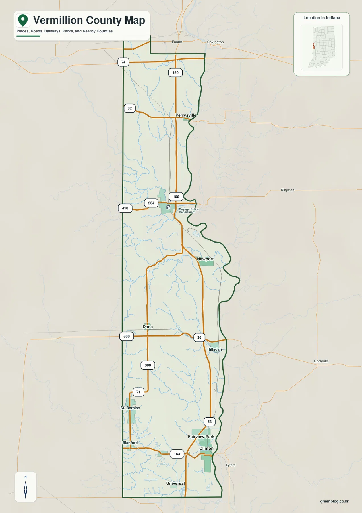 Vermillion County general map showing Clinton, Fairview Park, Newport, Cayuga, Perrysville, Dana, and major numbered roads