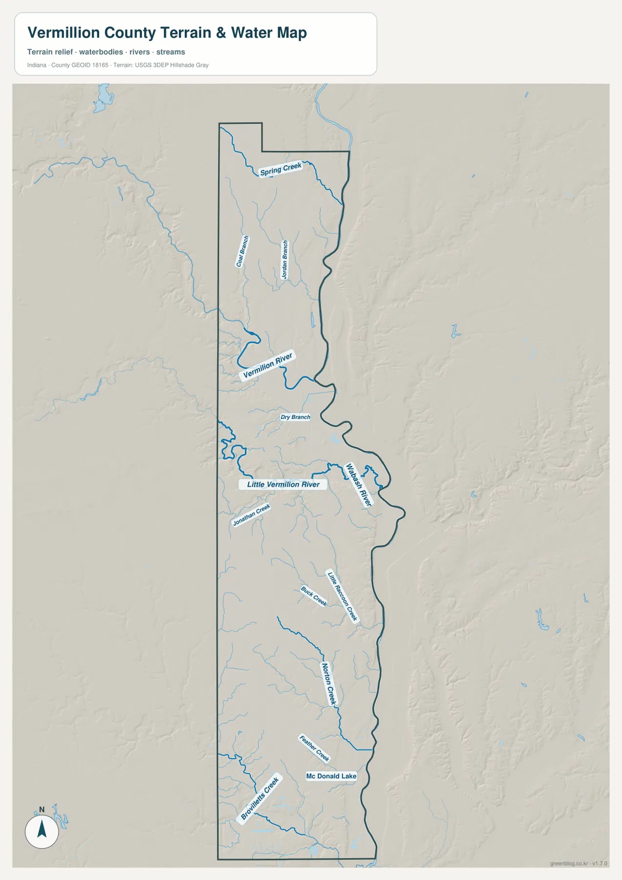 Vermillion County water map showing Spring Creek, Vermillion River, Little Vermillion River, Wabash River, Jonathan Creek, Norton Creek, Feather Creek, Brouilletts Creek, and McDonald Lake