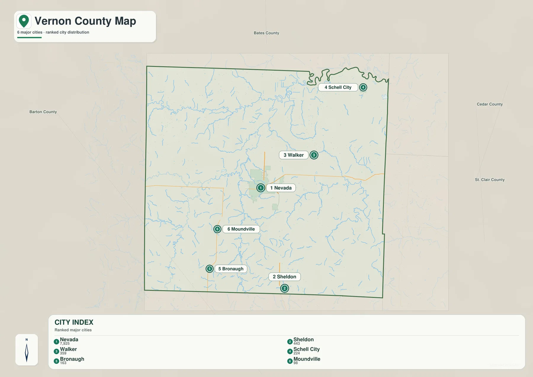 Nevada, Sheldon, Walker, Schell City, Bronaugh, Moundville의 위치와 도시 인덱스를 표시한 Vernon County 도시 지도
