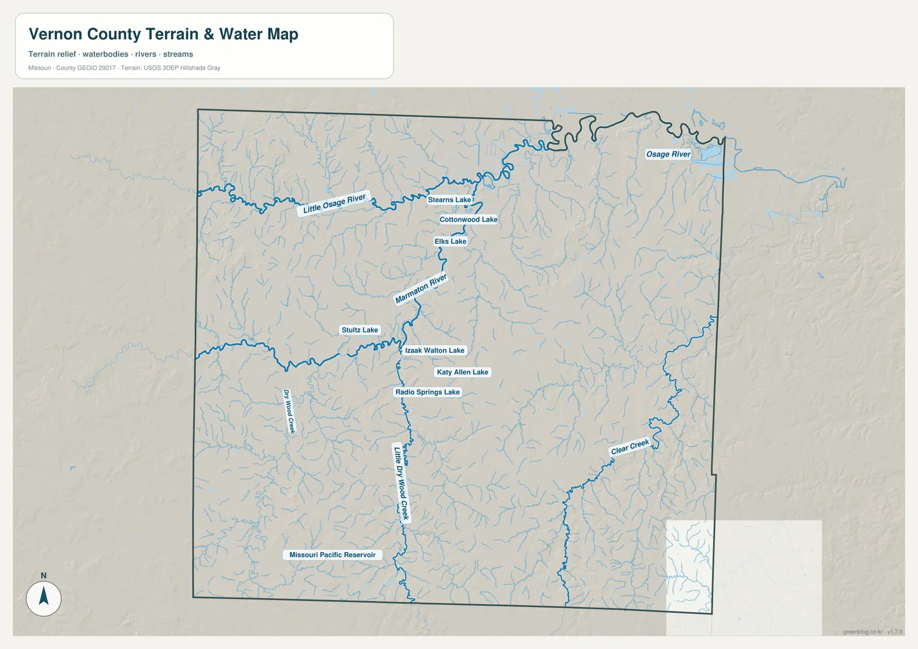 Marmaton River, Little Osage River, Osage River, Dry Wood Creek, Little Dry Wood Creek, Clear Creek와 주요 호수를 표시한 Vernon County 지형 수역 지도