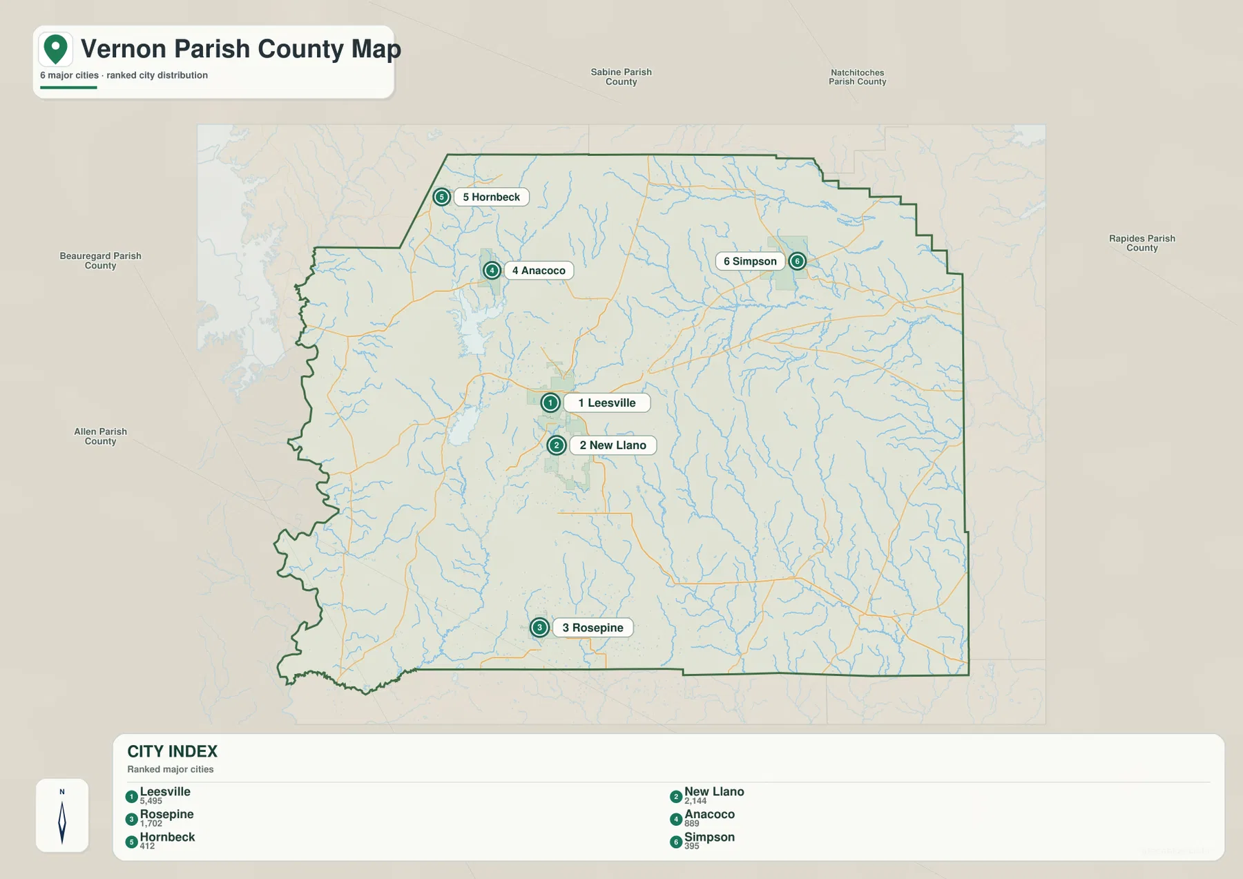 Vernon Parish ranked city map showing Leesville, New Llano, Rosepine, Anacoco, Hornbeck, and Simpson