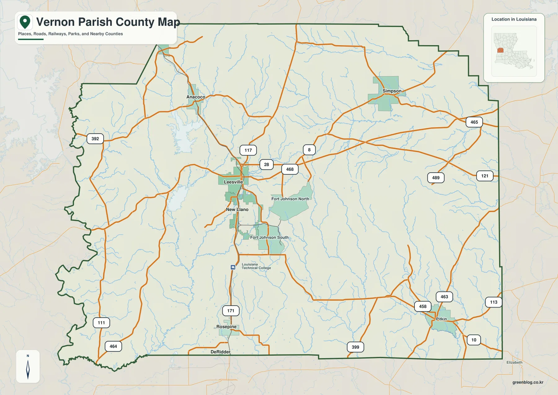 Vernon Parish map showing Leesville, New Llano, Fort Johnson, Anacoco, Simpson, Rosepine, Pitkin, U.S. 171, LA 28, and LA 117