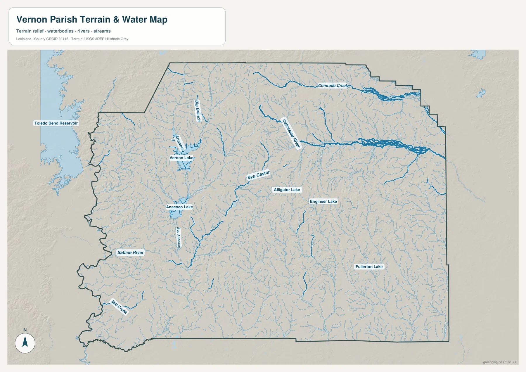 Vernon Parish water map showing Calcasieu River, Sabine River, Comrade Creek, Bayou Anacoco, Anacoco Lake, Vernon Lake, Alligator Lake, Engineer Lake, and Fullerton Lake