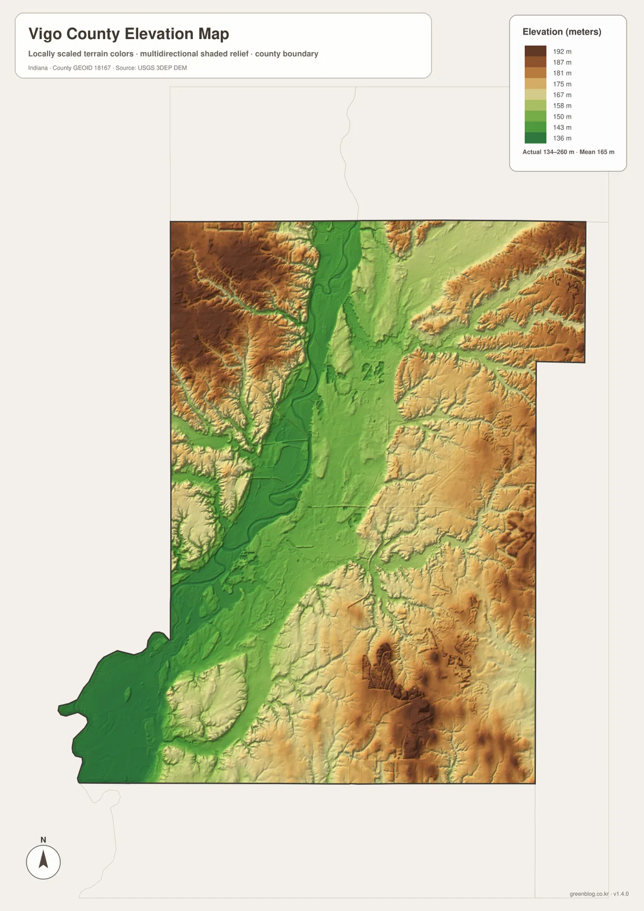 Vigo County elevation map showing the low green Wabash River valley and higher tan-brown hills across the northwest, east, and southeast