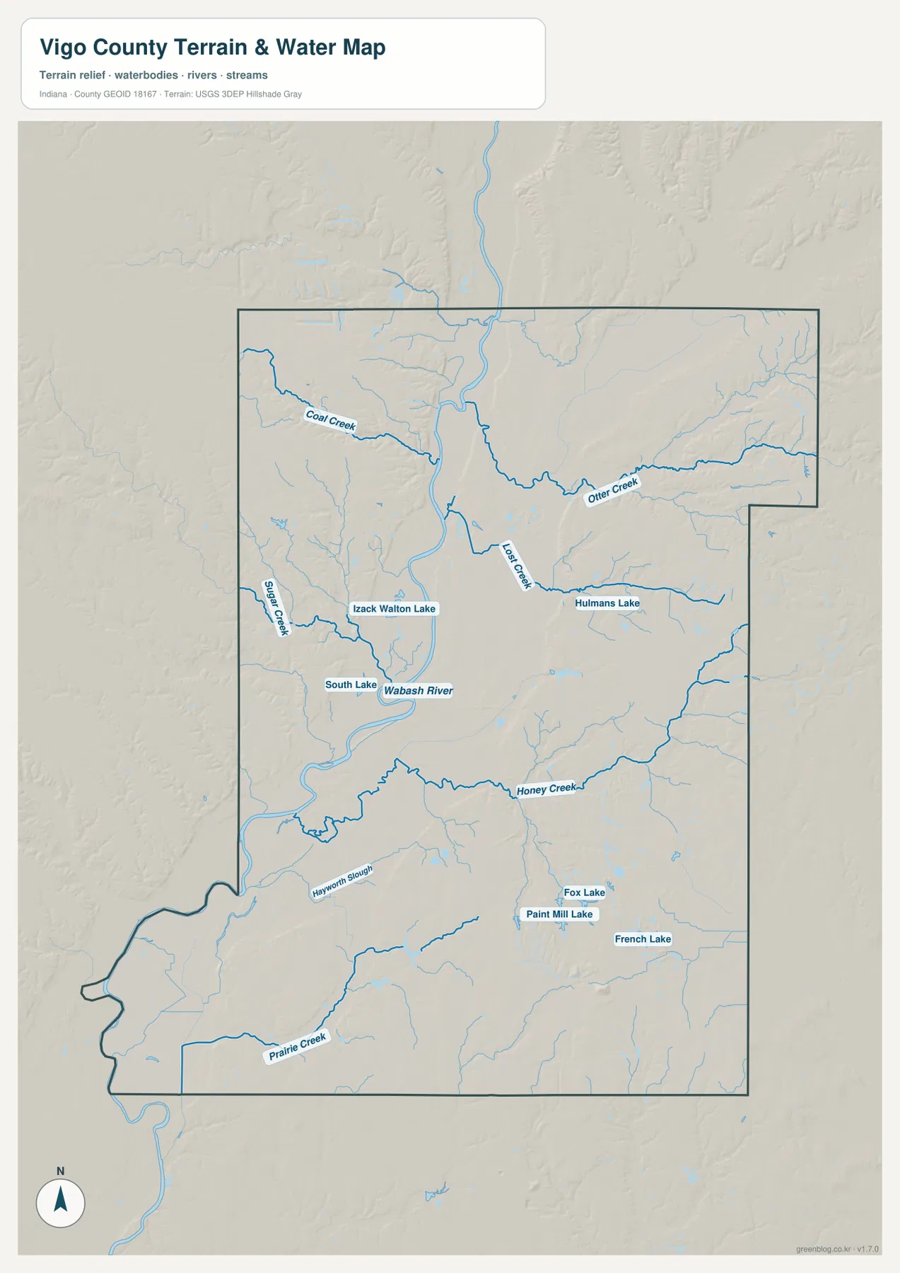 Vigo County water map showing Wabash River, Coal Creek, Sugar Creek, Lost Creek, Otter Creek, Honey Creek, Prairie Creek, and several lakes