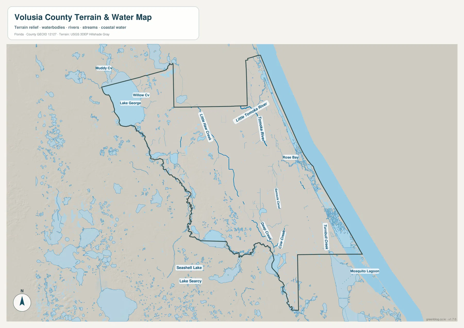 Volusia County terrain and water map showing Lake George, Tomoka River, Rose Bay, Spruce Creek, Turnbull Creek, and Mosquito Lagoon