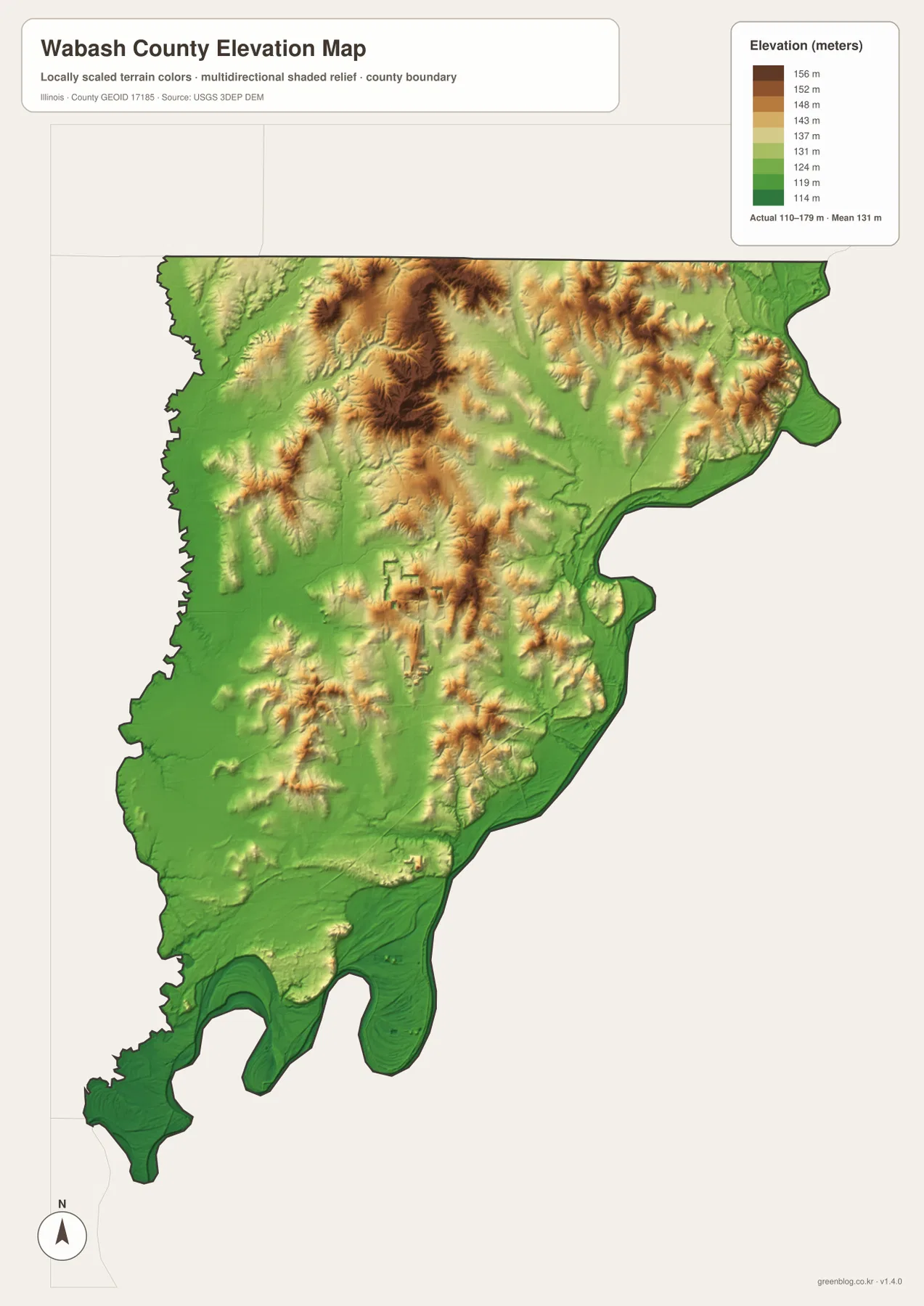 Wabash County Illinois elevation map showing an actual range of about 110 to 179 meters, mean near 131 meters, Wabash River lowlands, and northern hills