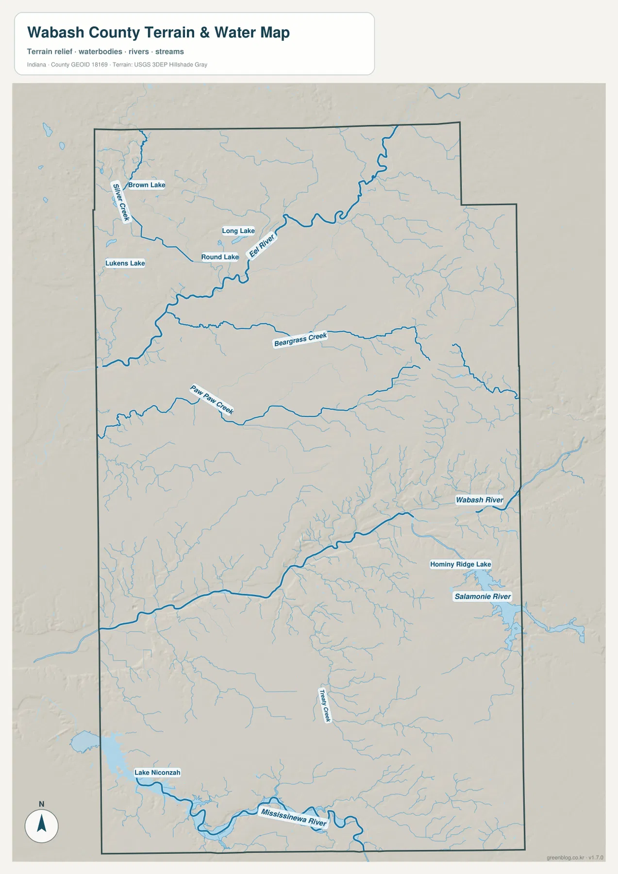 Wabash County 수역 지도에 Eel River, Wabash River, Mississinewa River, Salamonie River, Beargrass Creek, Paw Paw Creek, Treaty Creek와 여러 호수가 표시된 모습