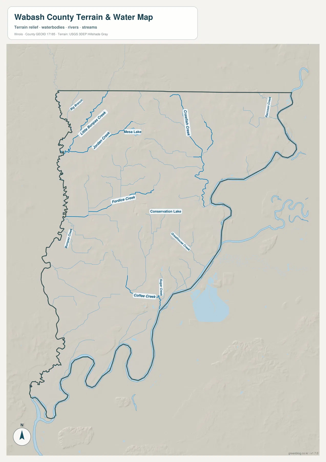 Wabash County terrain and water map showing Wabash River, Little Bonpas Creek, Jordan Creek, Crawfish Creek, Fordice Creek, Coffee Creek, and Sugar Creek