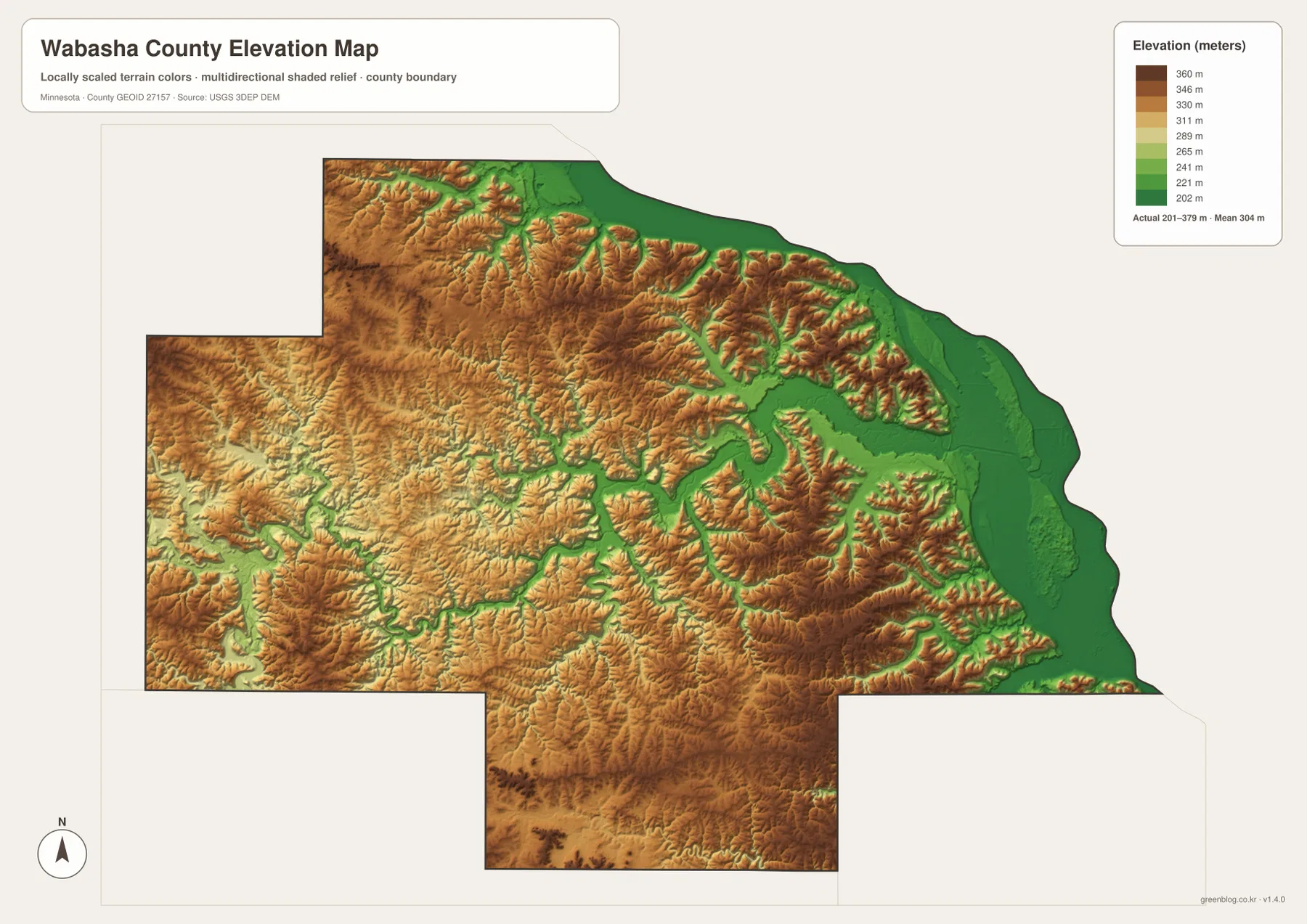 Wabasha County elevation map showing 201 to 379 meter relief from Mississippi River lowlands to interior ridges