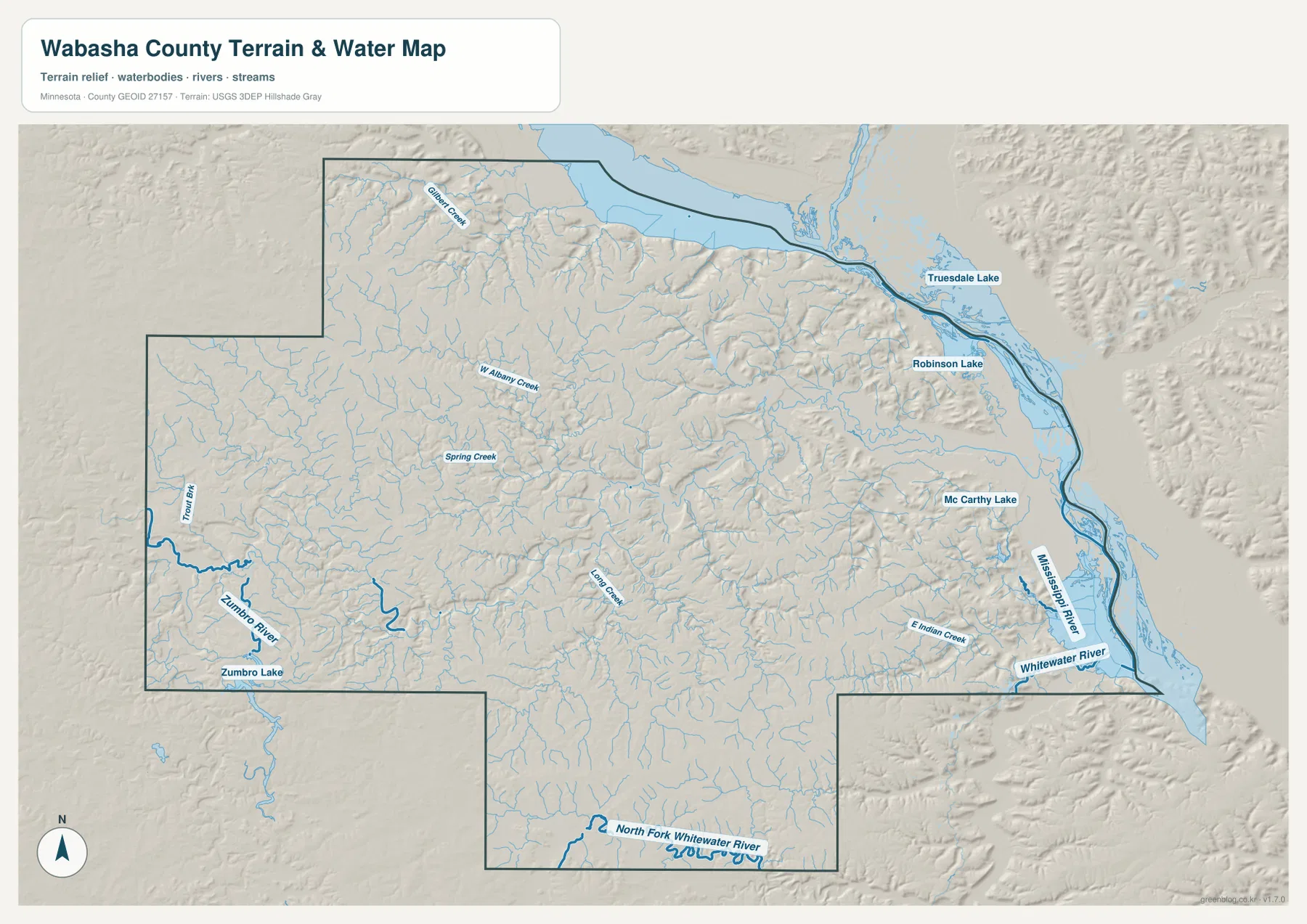 Wabasha County water map showing the Mississippi River, Zumbro River, Whitewater River, tributaries, and lakes