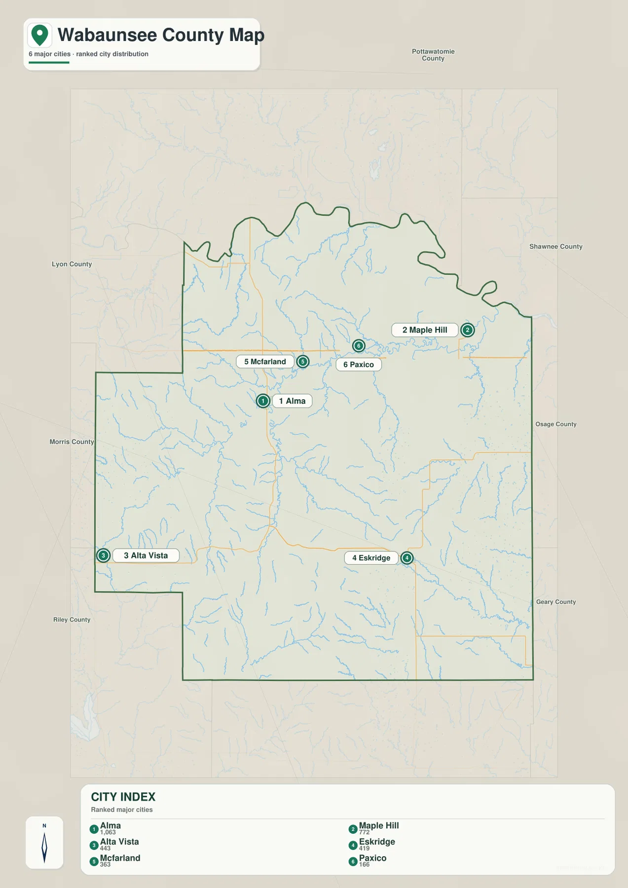 Wabaunsee County Kansas city map showing Alma, Maple Hill, Alta Vista, Eskridge, McFarland and Paxico