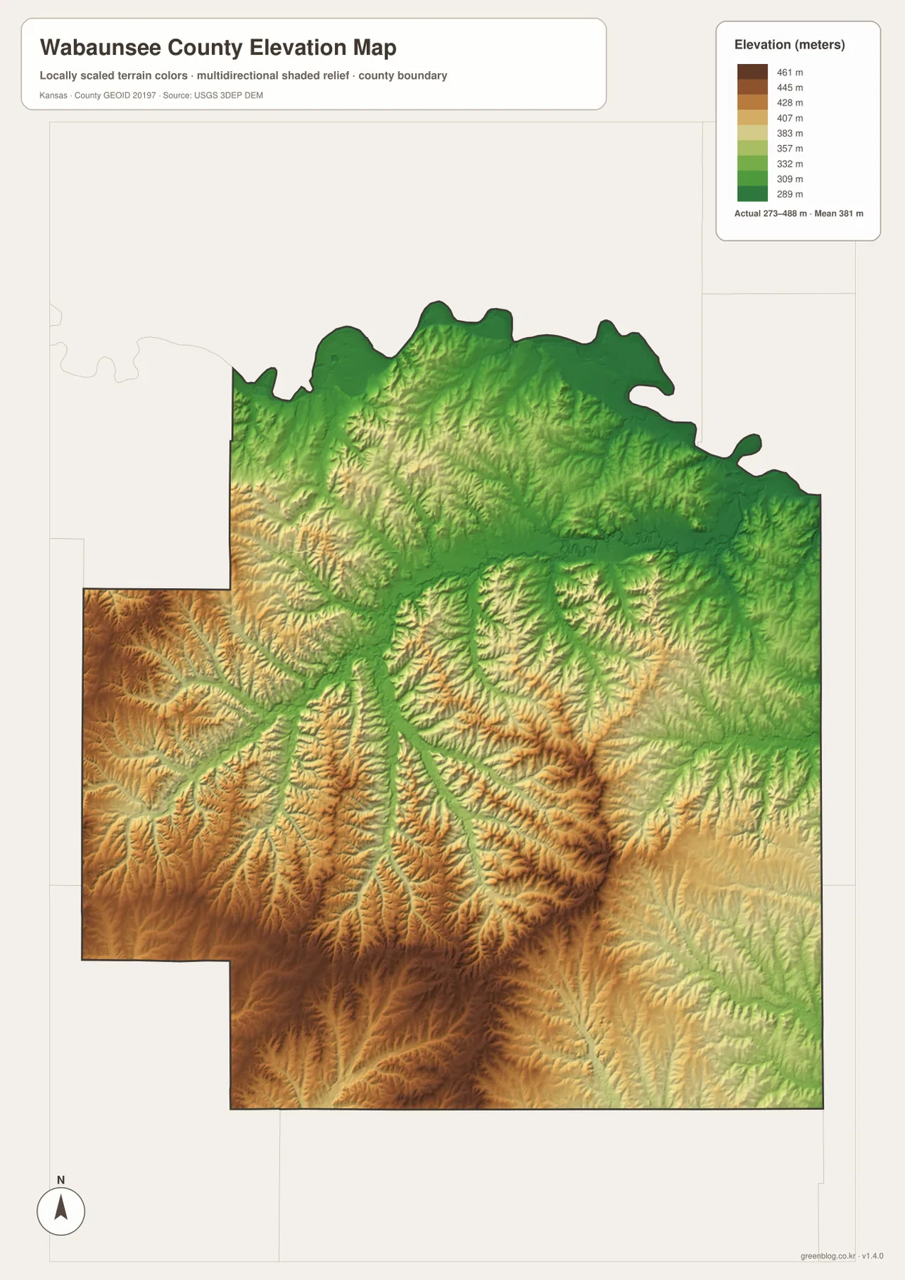 Wabaunsee County Kansas elevation map showing 273 to 488 meter relief, Kansas River lowlands and higher southern Flint Hills