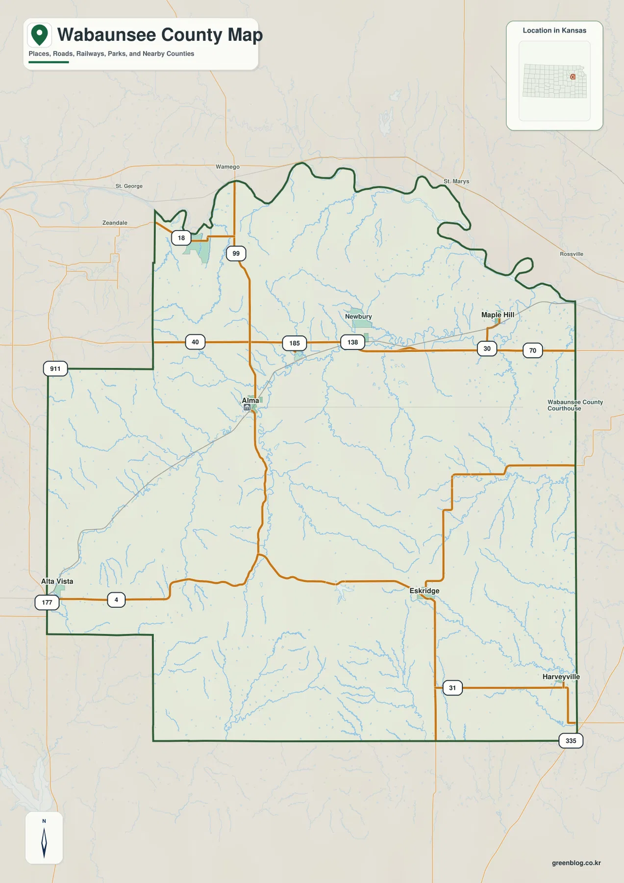 Wabaunsee County Kansas map showing Alma, Maple Hill, Alta Vista, Eskridge, K-99, K-4, K-18 and US 40
