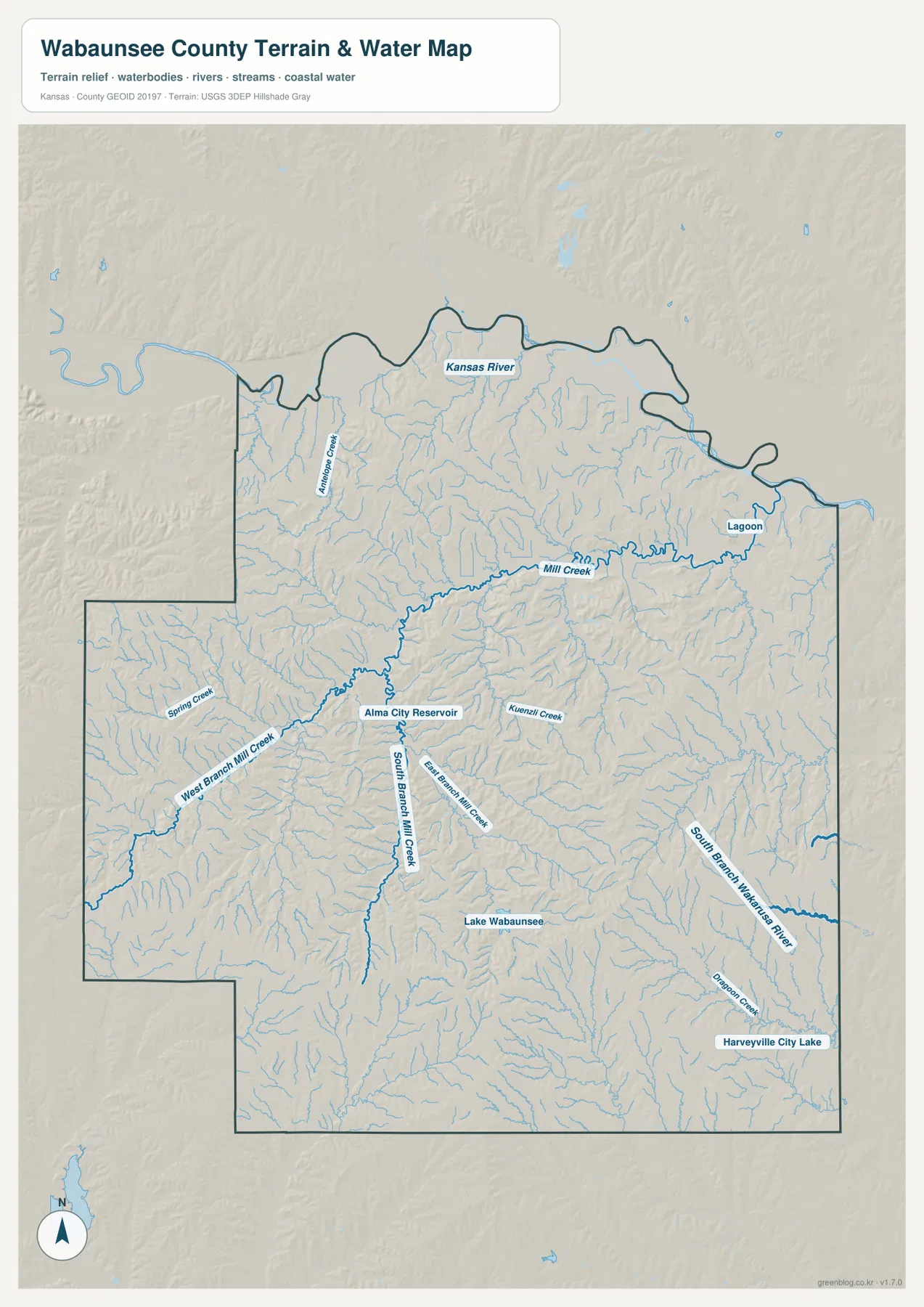 Wabaunsee County Kansas terrain and water map showing Kansas River, Mill Creek branches, South Branch Wakarusa River and Lake Wabaunsee