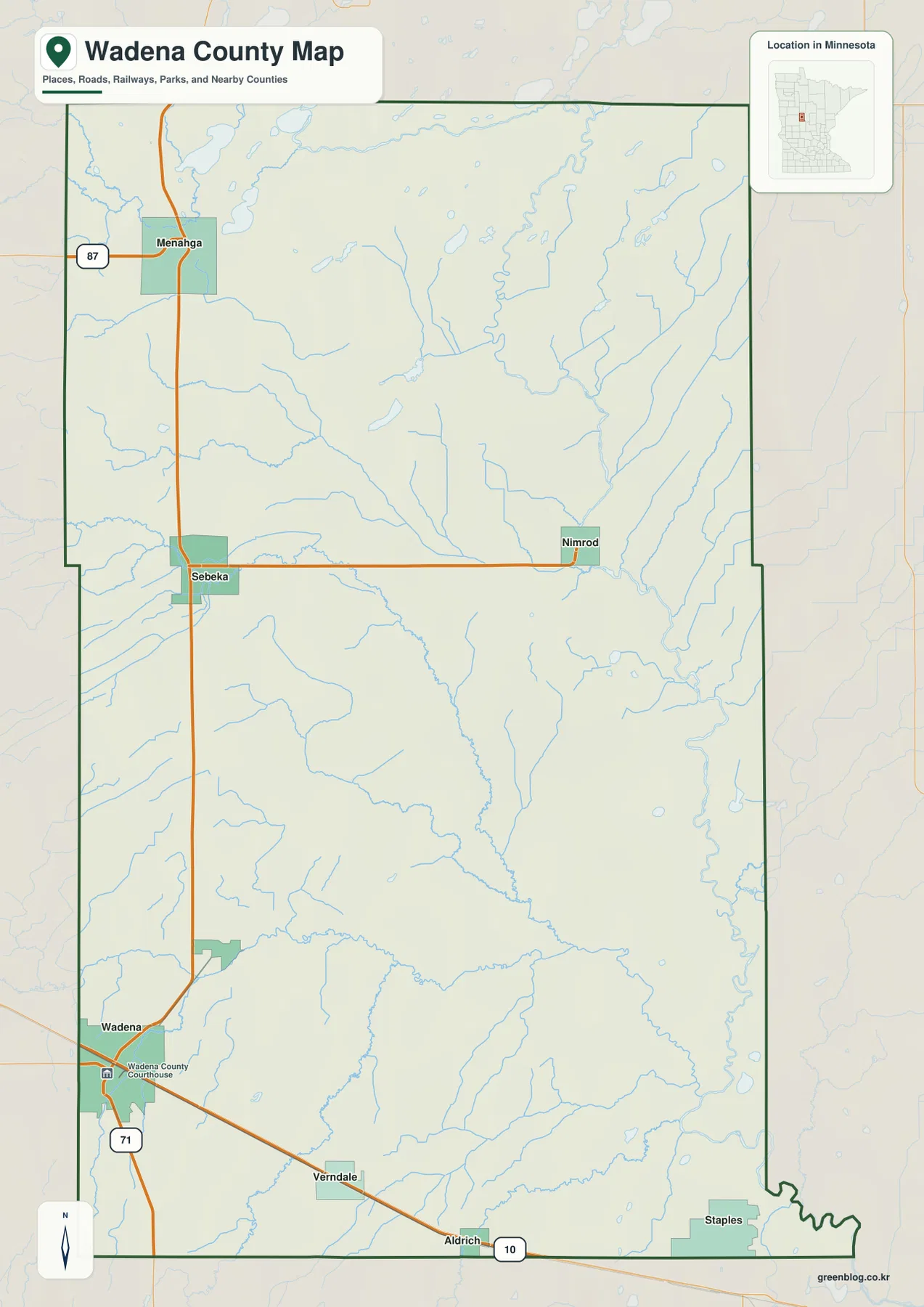 Wadena, Menahga, Sebeka, Nimrod, Verndale, Staples와 주요 도로가 표시된 Wadena County 지도