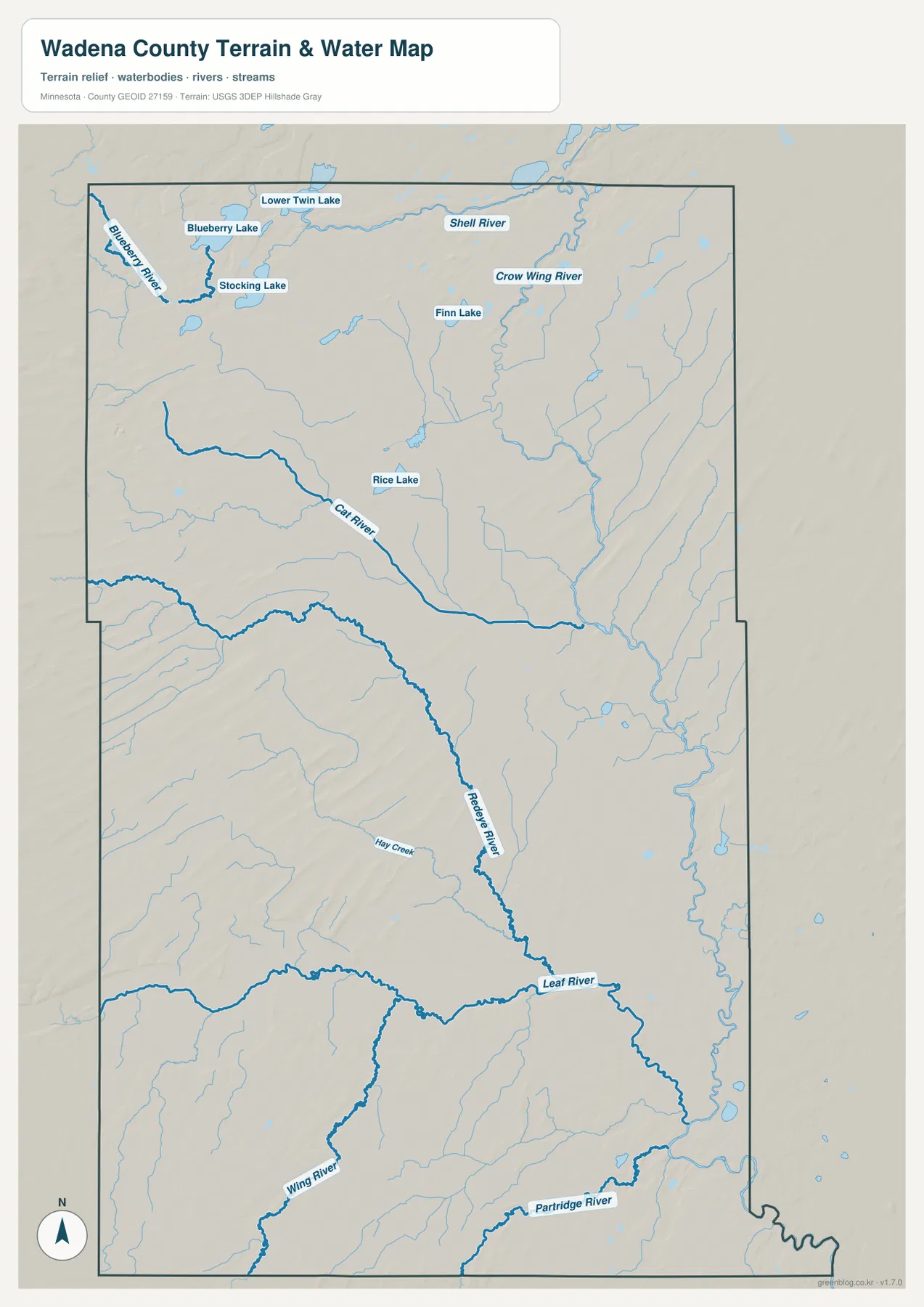 Leaf River, Redeye River, Cat River, Crow Wing River와 여러 호수가 표시된 Wadena County 수역 지도